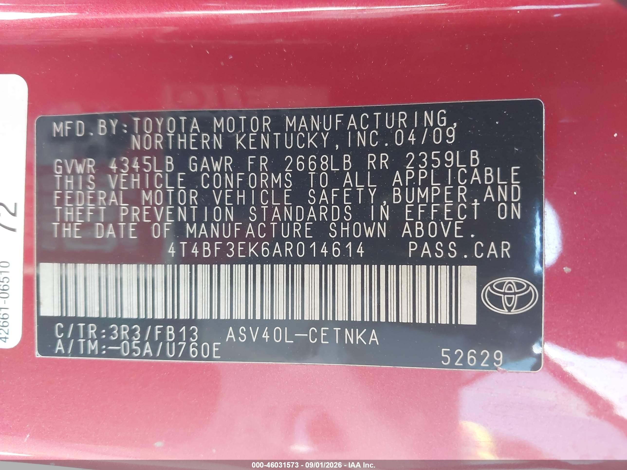 2010 Toyota Camry Le Красный vin: 4T4BF3EK6AR014614