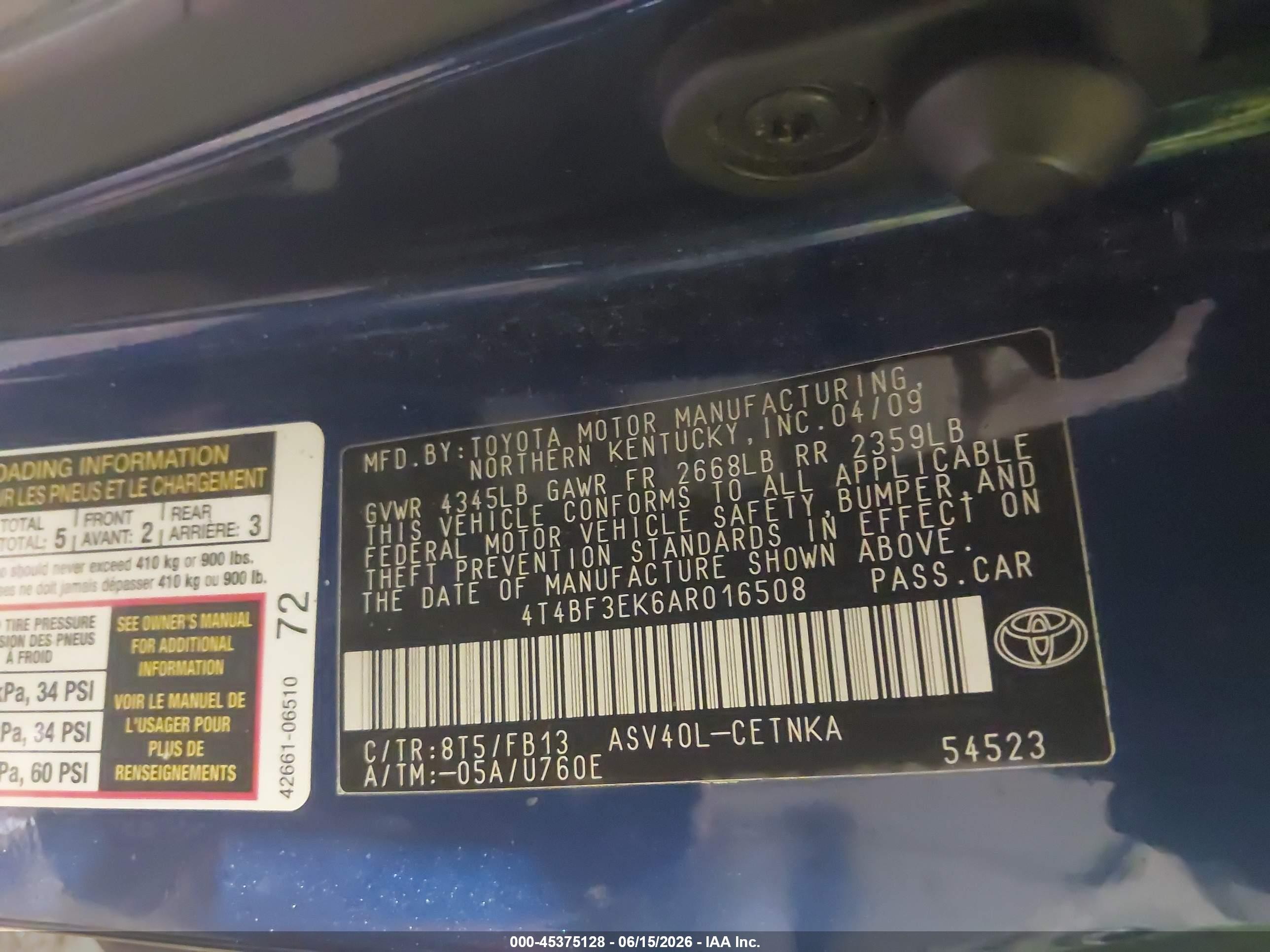 2010 Toyota Camry Blue vin: 4T4BF3EK6AR016508