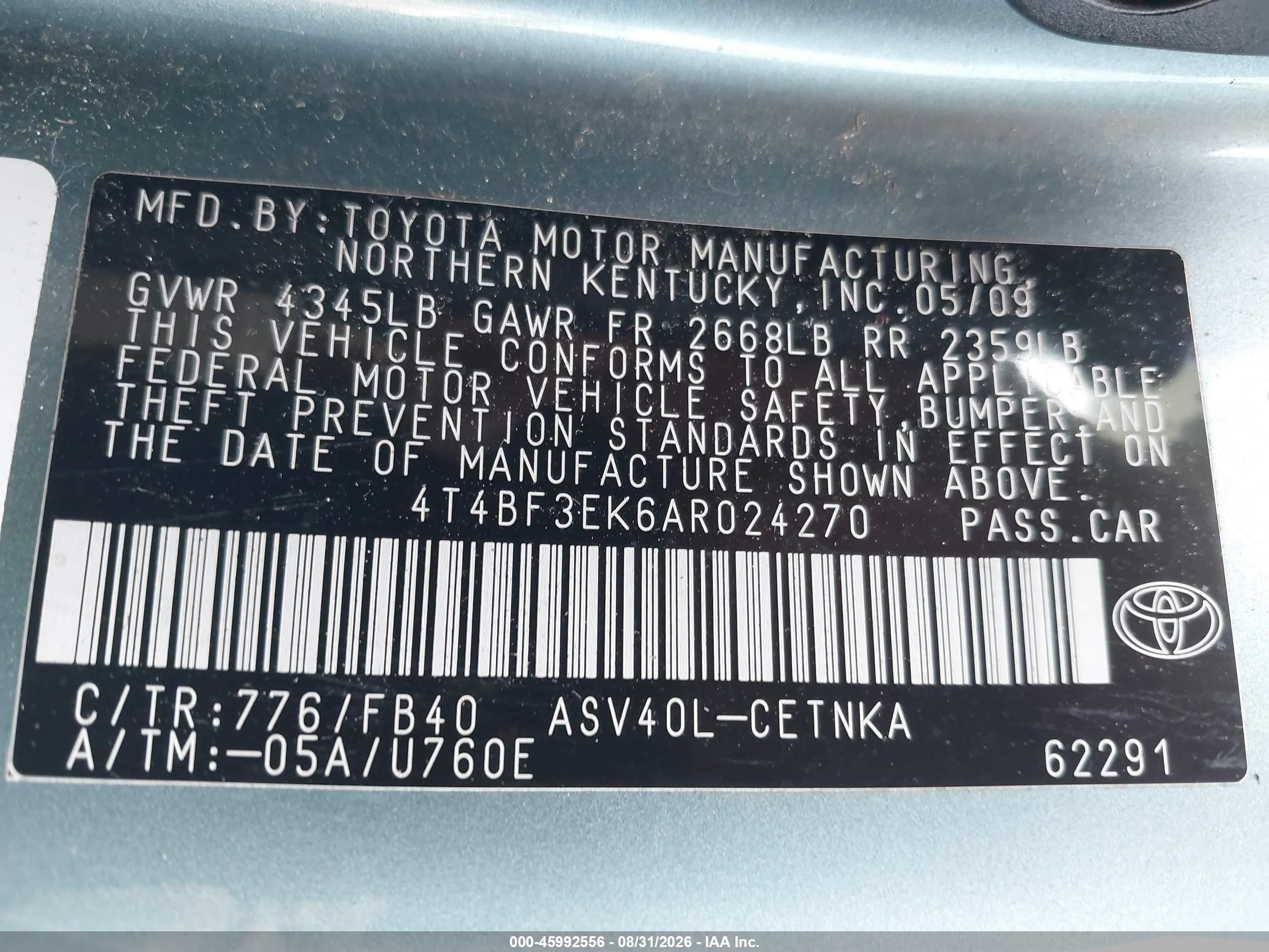 2010 Toyota Camry Le Light Blue vin: 4T4BF3EK6AR024270