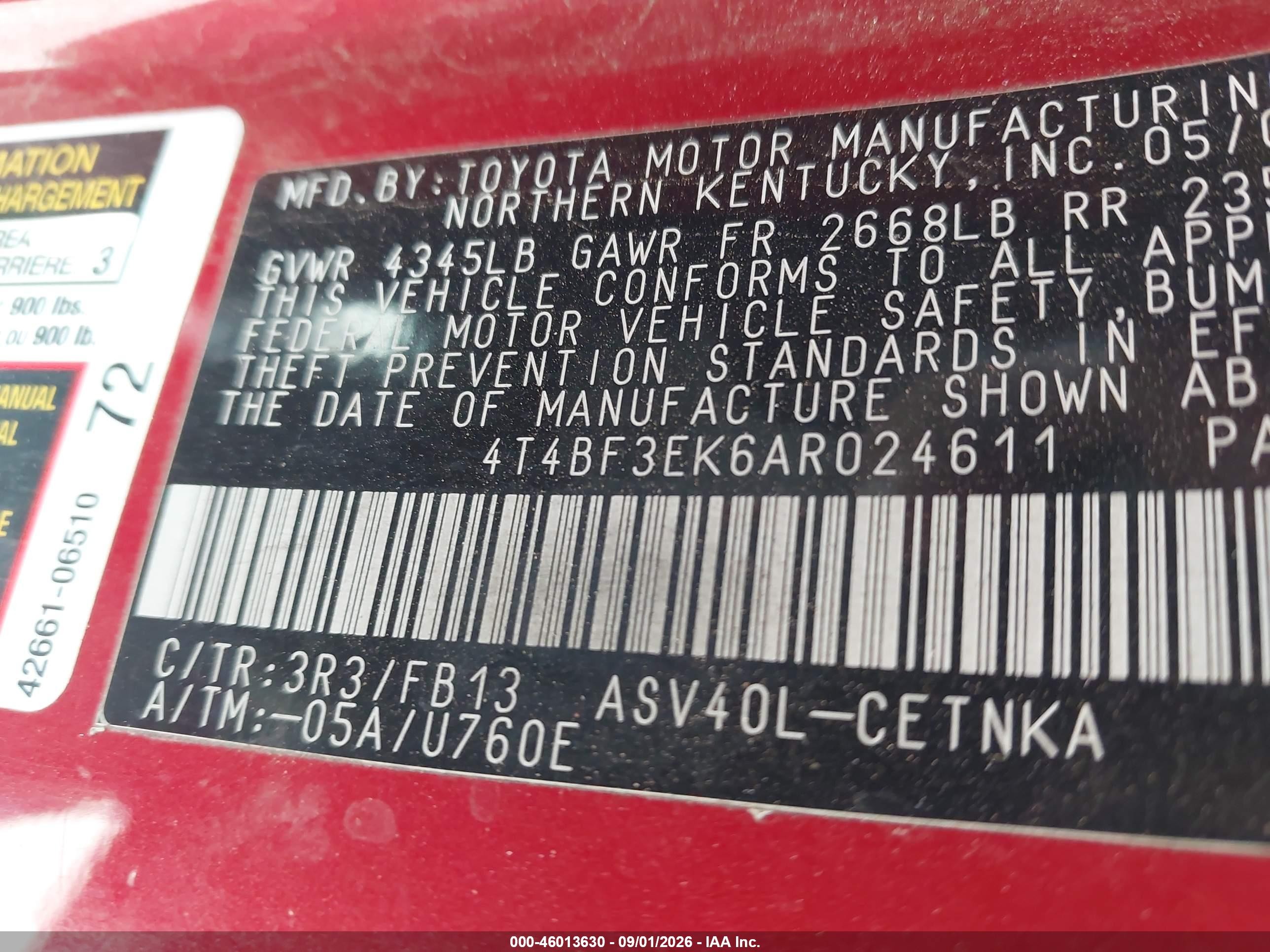 2010 Toyota Camry Le Red vin: 4T4BF3EK6AR024611