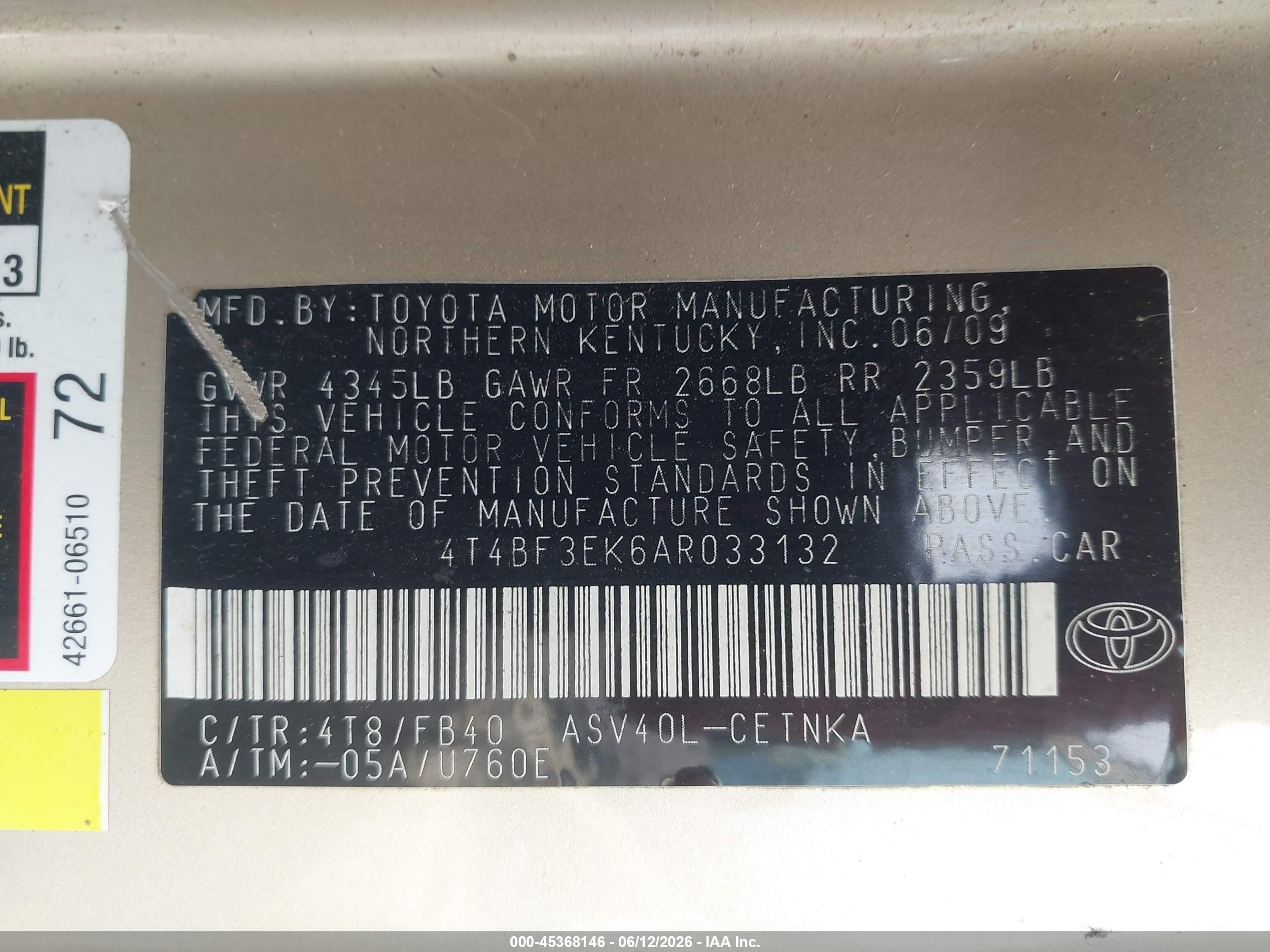 2010 Toyota Camry Le Champagne vin: 4T4BF3EK6AR033132