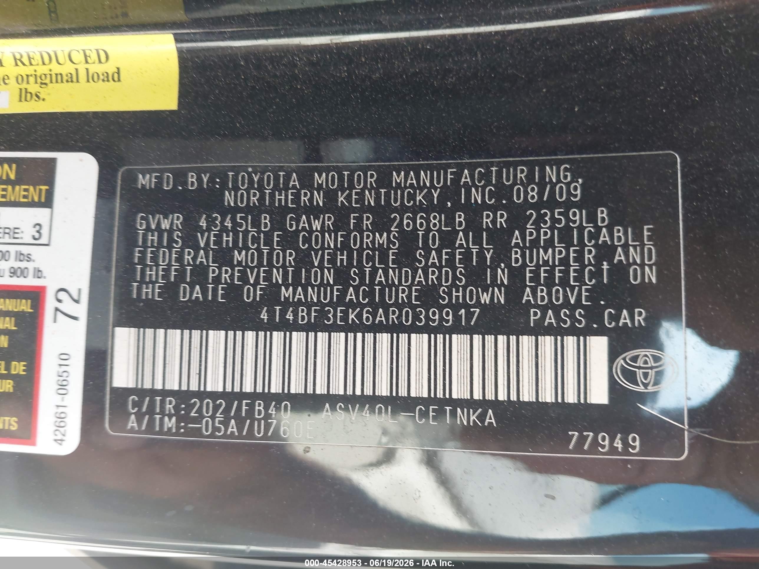 2010 Toyota Camry   Черный vin: 4T4BF3EK6AR039917