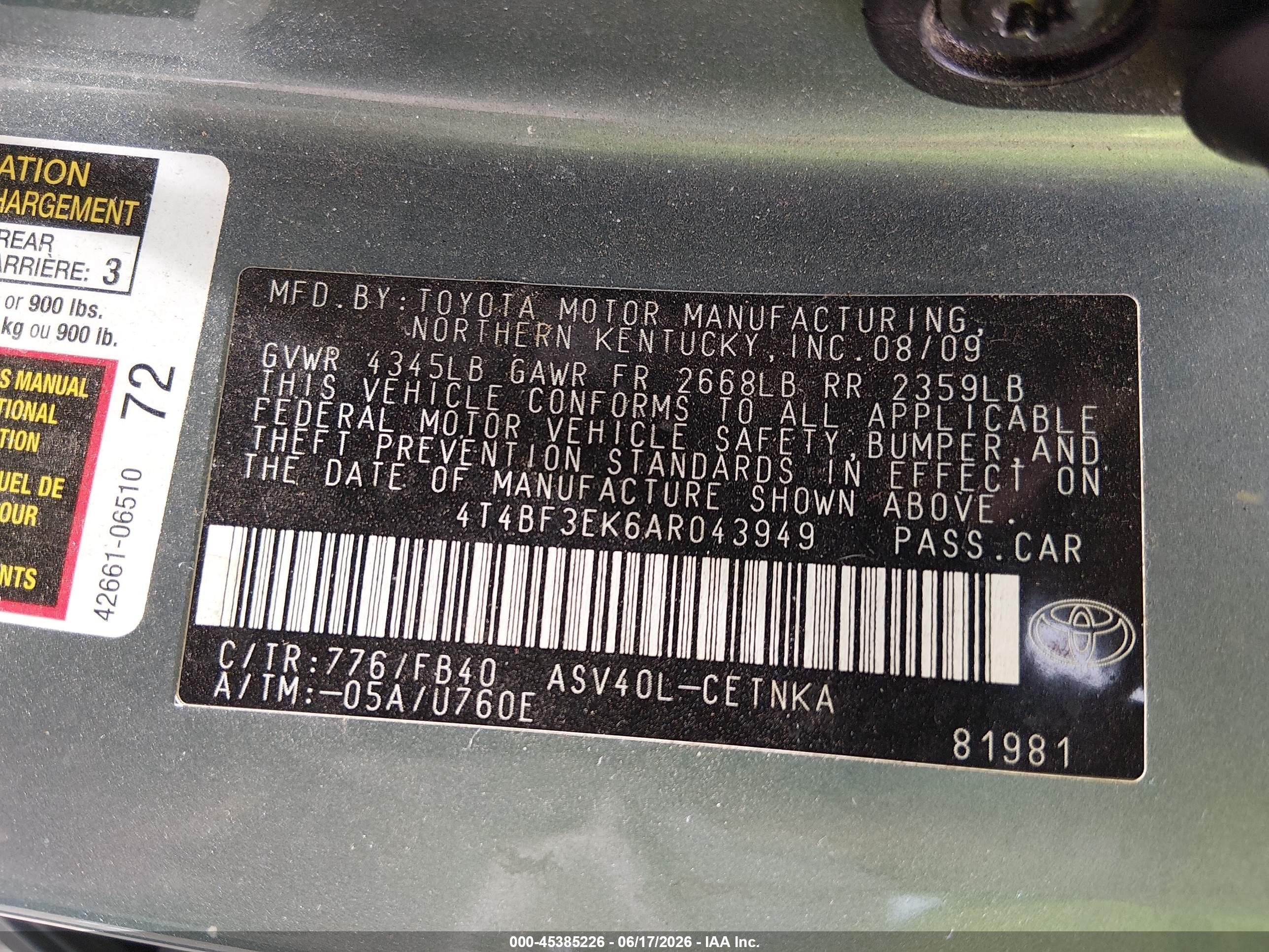 2010 Toyota Camry Le Blue vin: 4T4BF3EK6AR043949