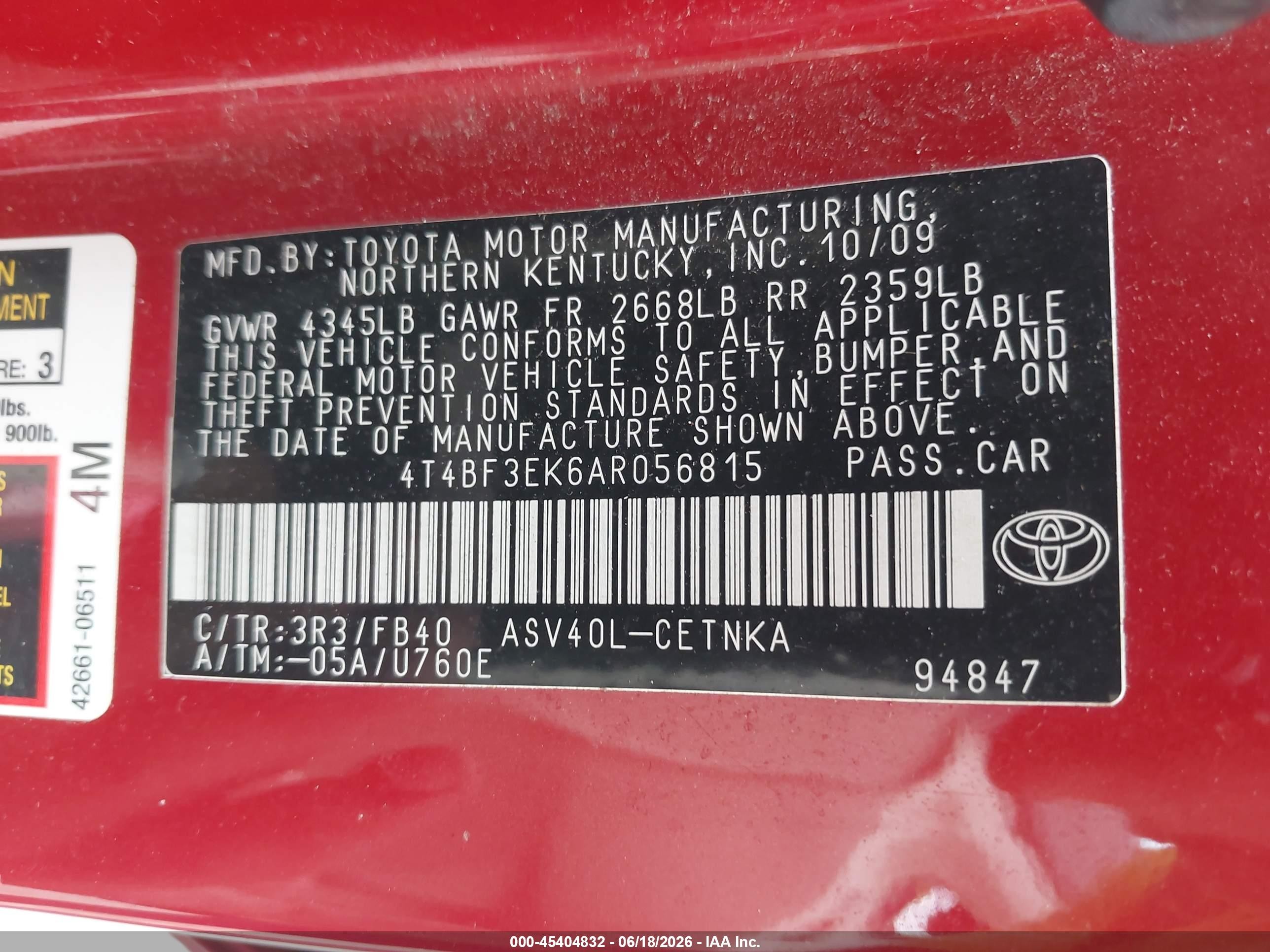 2010 Toyota Camry Le Red vin: 4T4BF3EK6AR056815