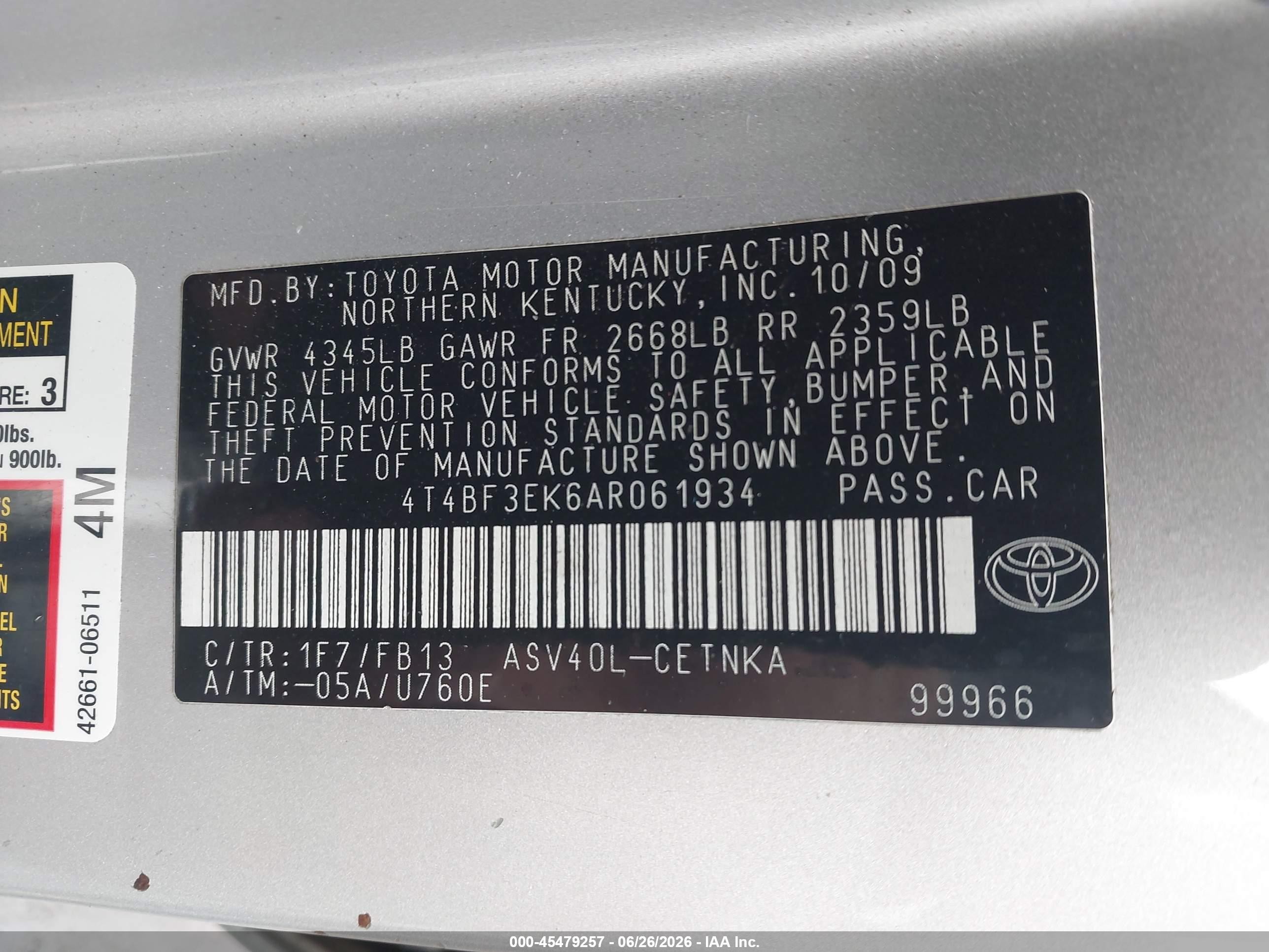 2010 Toyota Camry Le Silver vin: 4T4BF3EK6AR061934