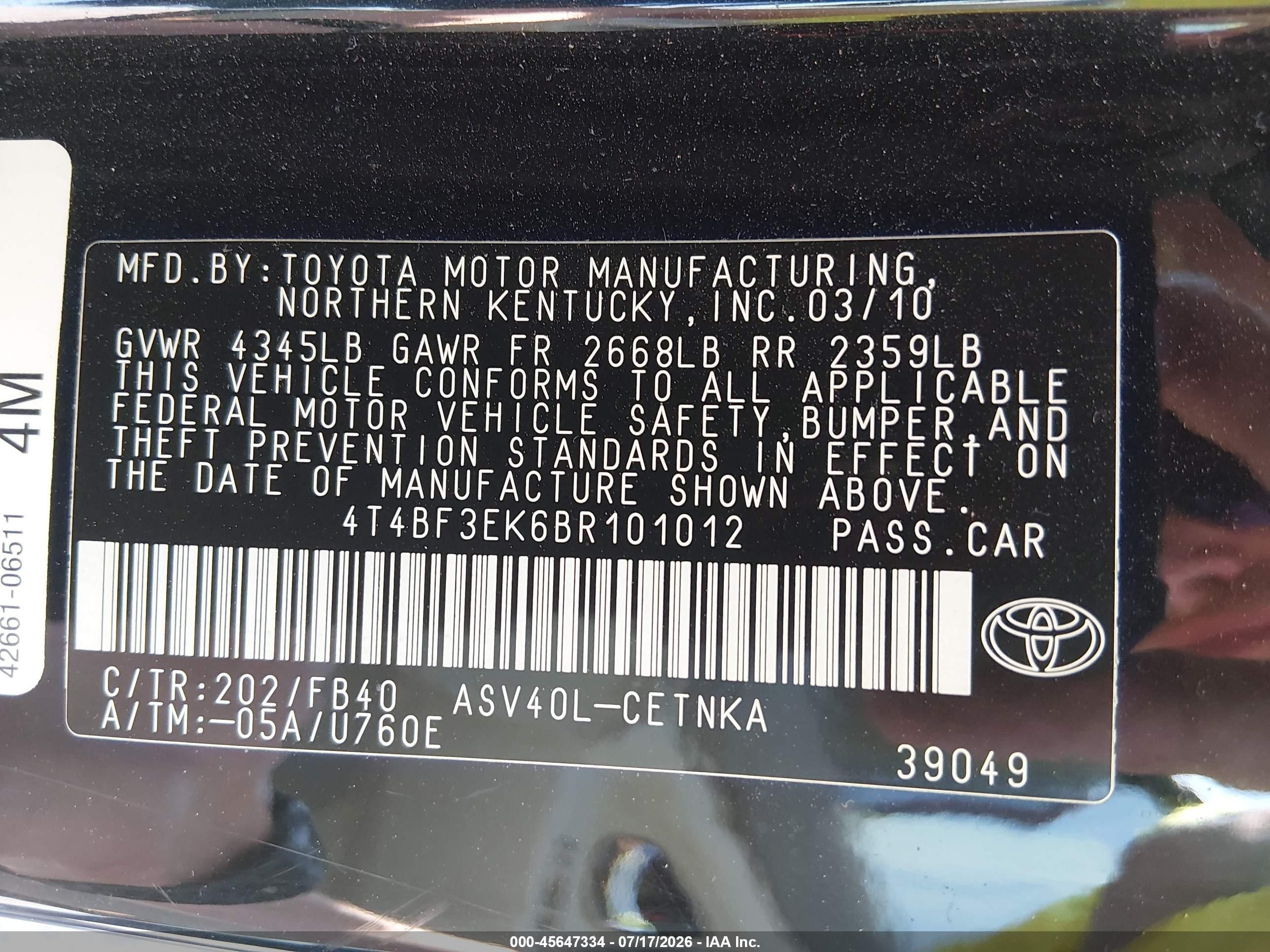 2011 Toyota Camry Le Black vin: 4T4BF3EK6BR101012