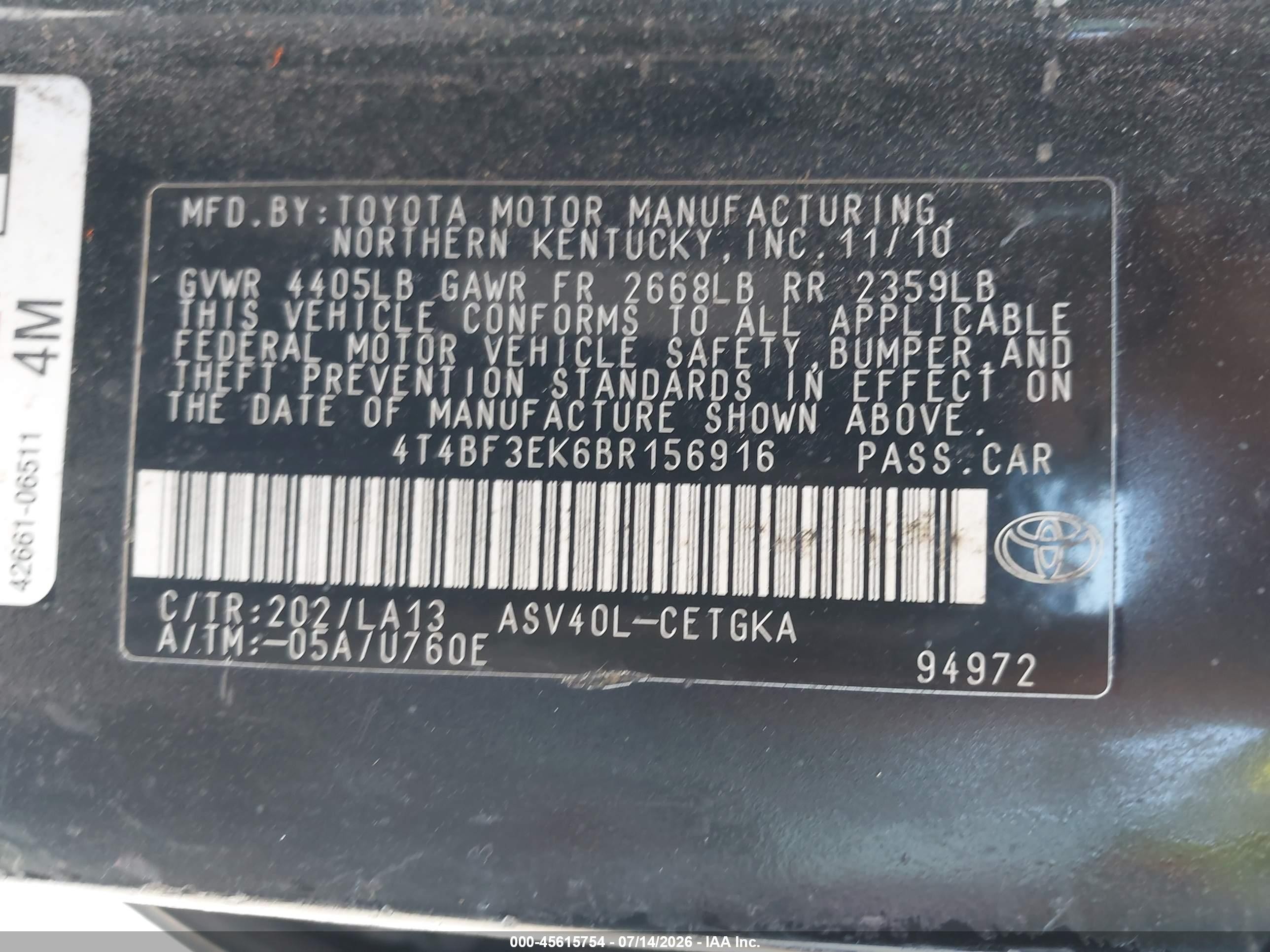 2011 Toyota Camry Xle Черный vin: 4T4BF3EK6BR156916