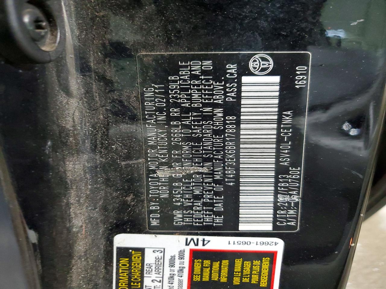 2011 Toyota Camry Le Черный vin: 4T4BF3EK6BR178818
