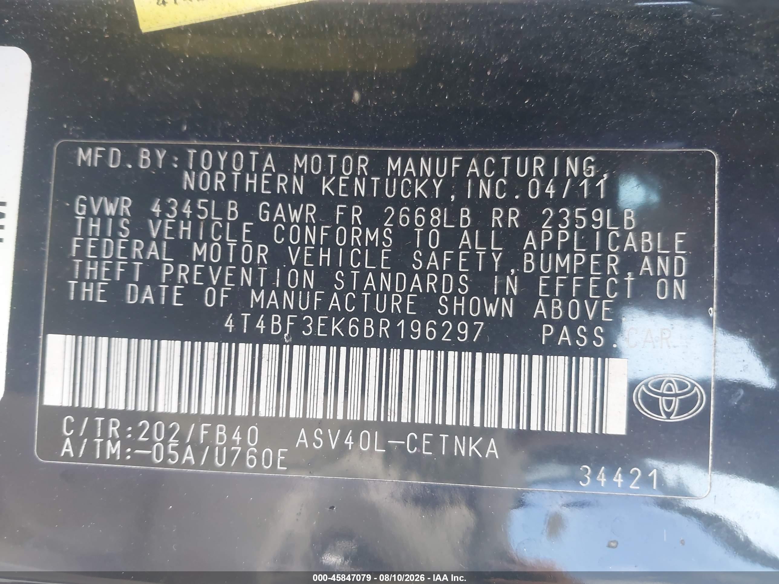 2011 Toyota Camry Le Black vin: 4T4BF3EK6BR196297