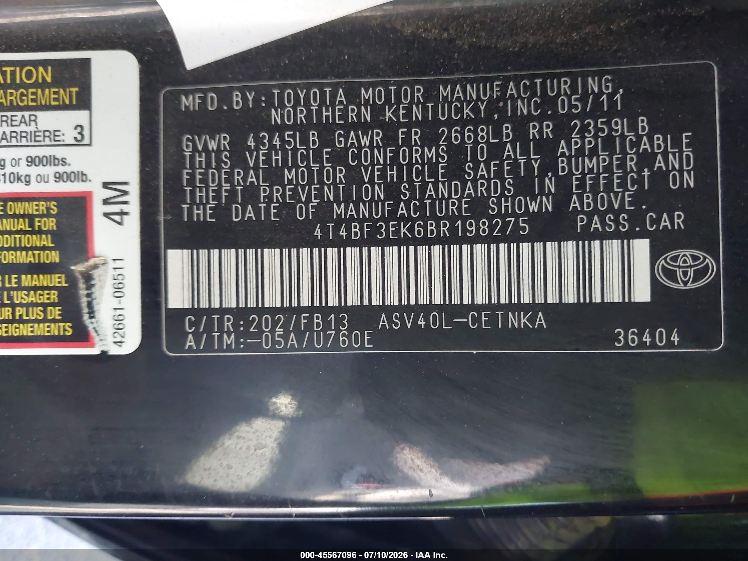 2011 Toyota Camry Le Черный vin: 4T4BF3EK6BR198275