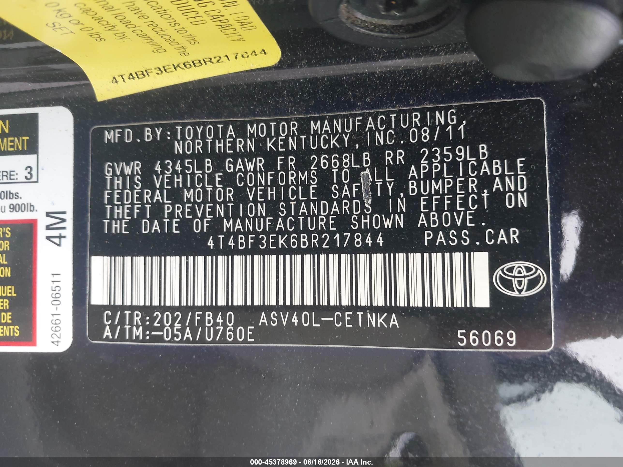 2011 Toyota Camry Le Black vin: 4T4BF3EK6BR217844