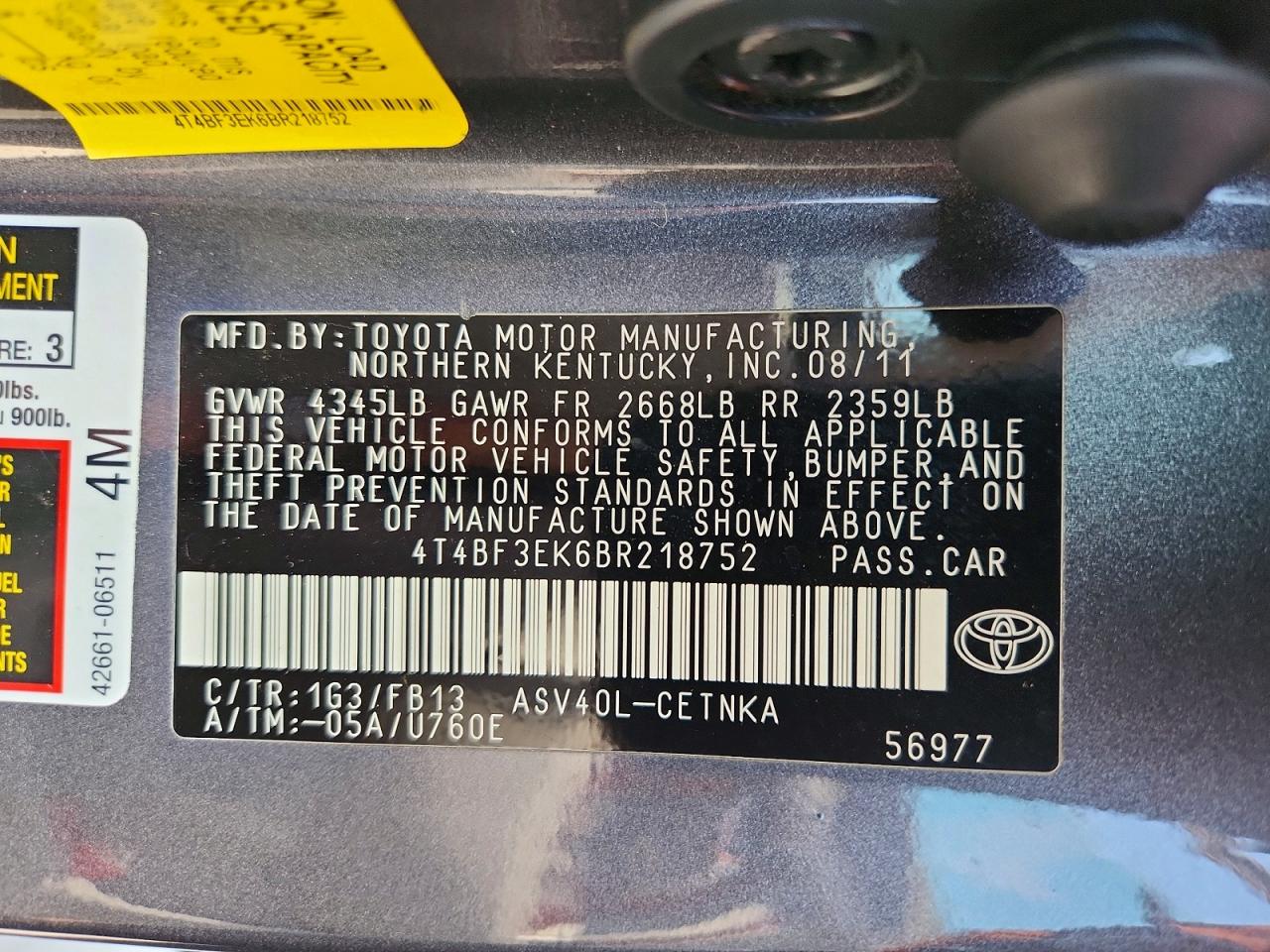 2011 Toyota Camry Le Gray vin: 4T4BF3EK6BR218752