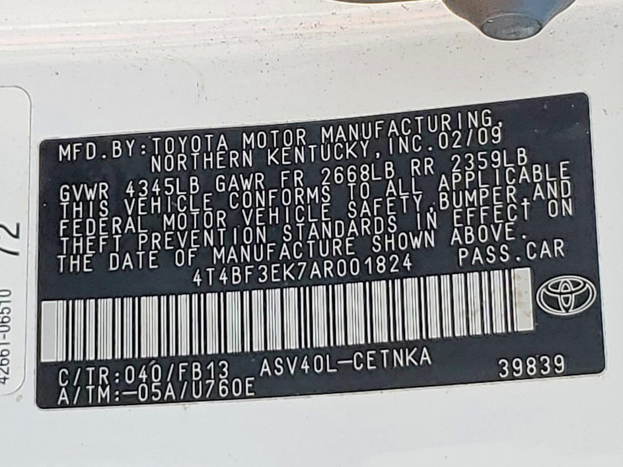 2010 Toyota Camry Le White vin: 4T4BF3EK7AR001824