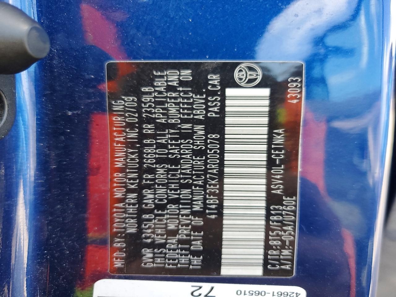 2010 Toyota Camry Le Blue vin: 4T4BF3EK7AR005078