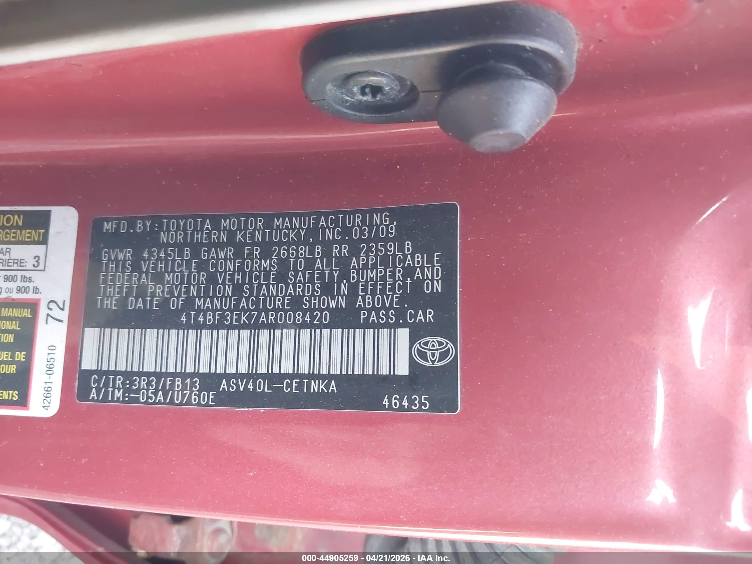 2010 Toyota Camry Le Red vin: 4T4BF3EK7AR008420