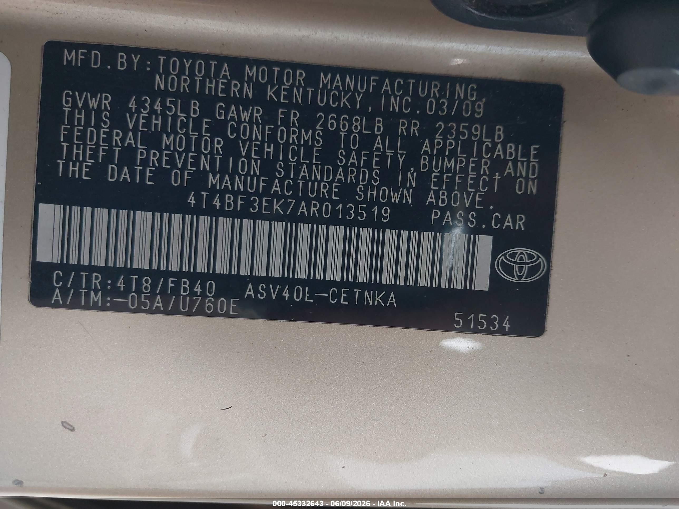 2010 Toyota Camry Le Champagne vin: 4T4BF3EK7AR013519