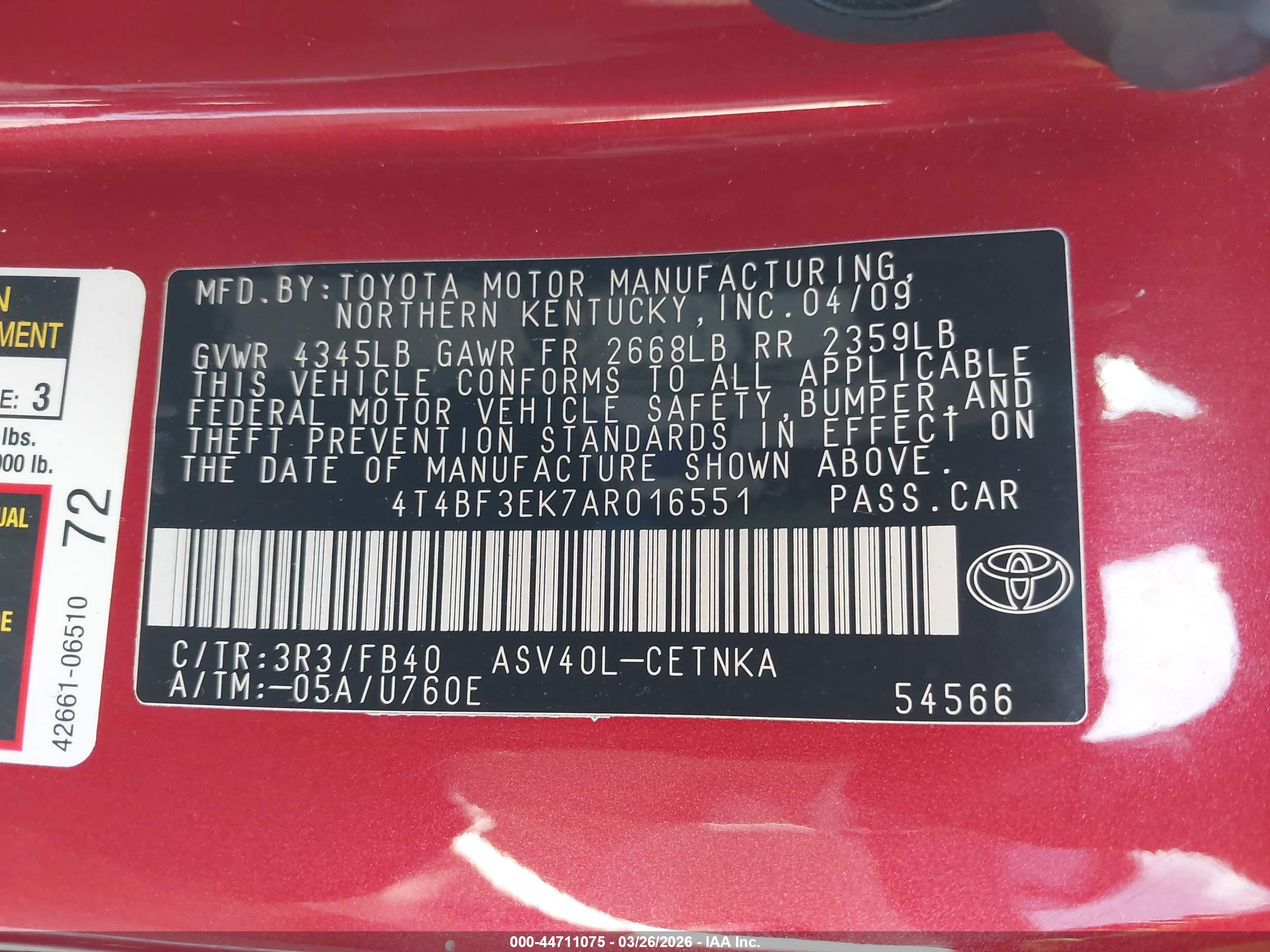 2010 Toyota Camry Le Red vin: 4T4BF3EK7AR016551
