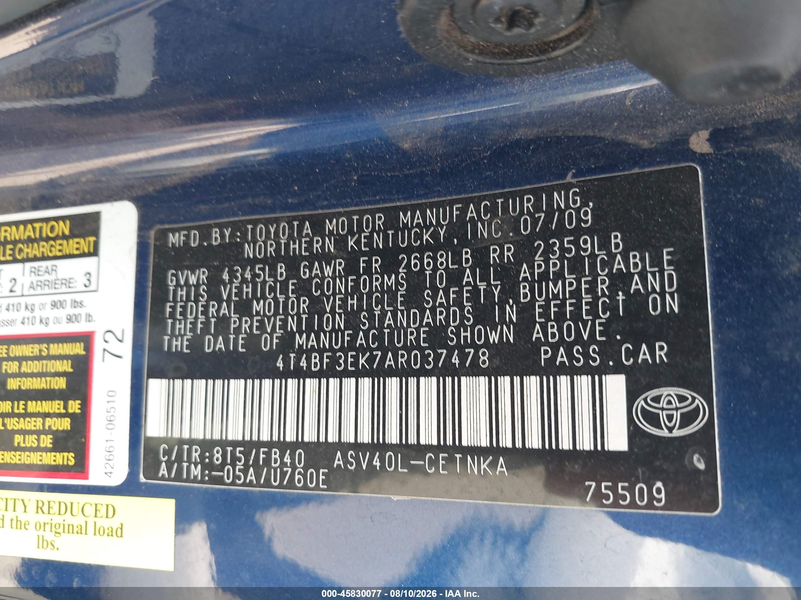 2010 Toyota Camry Le Blue vin: 4T4BF3EK7AR037478