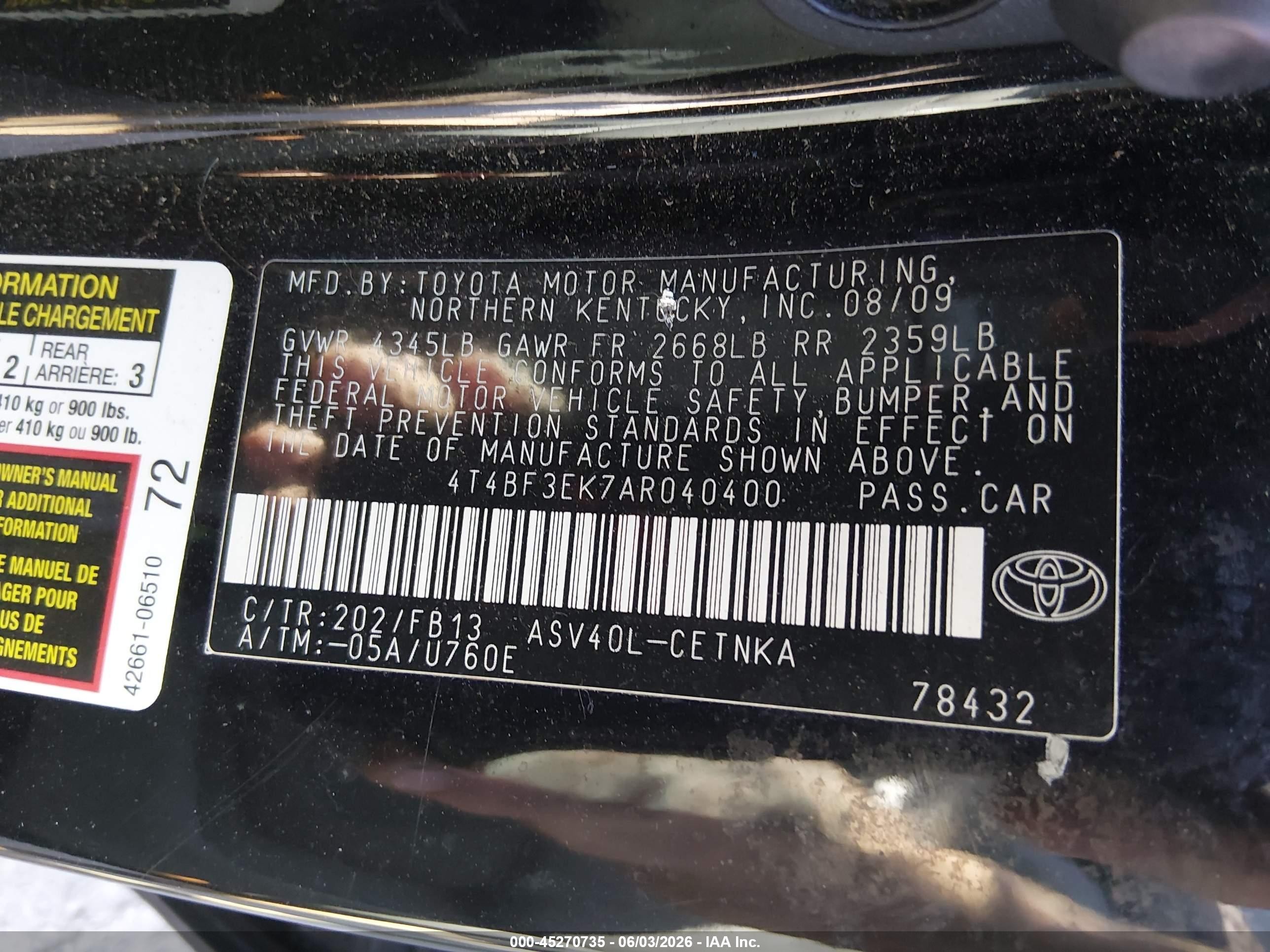 2010 Toyota Camry Le Black vin: 4T4BF3EK7AR040400