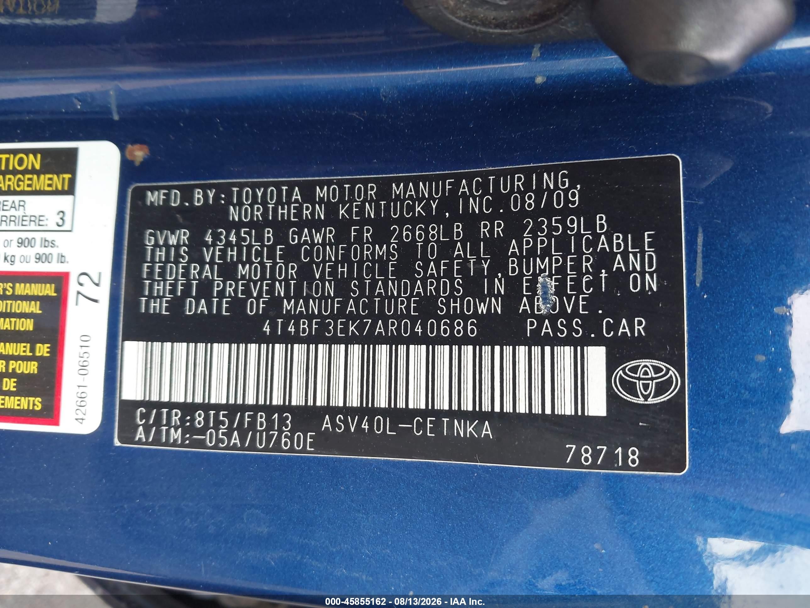2010 Toyota Camry Le Blue vin: 4T4BF3EK7AR040686