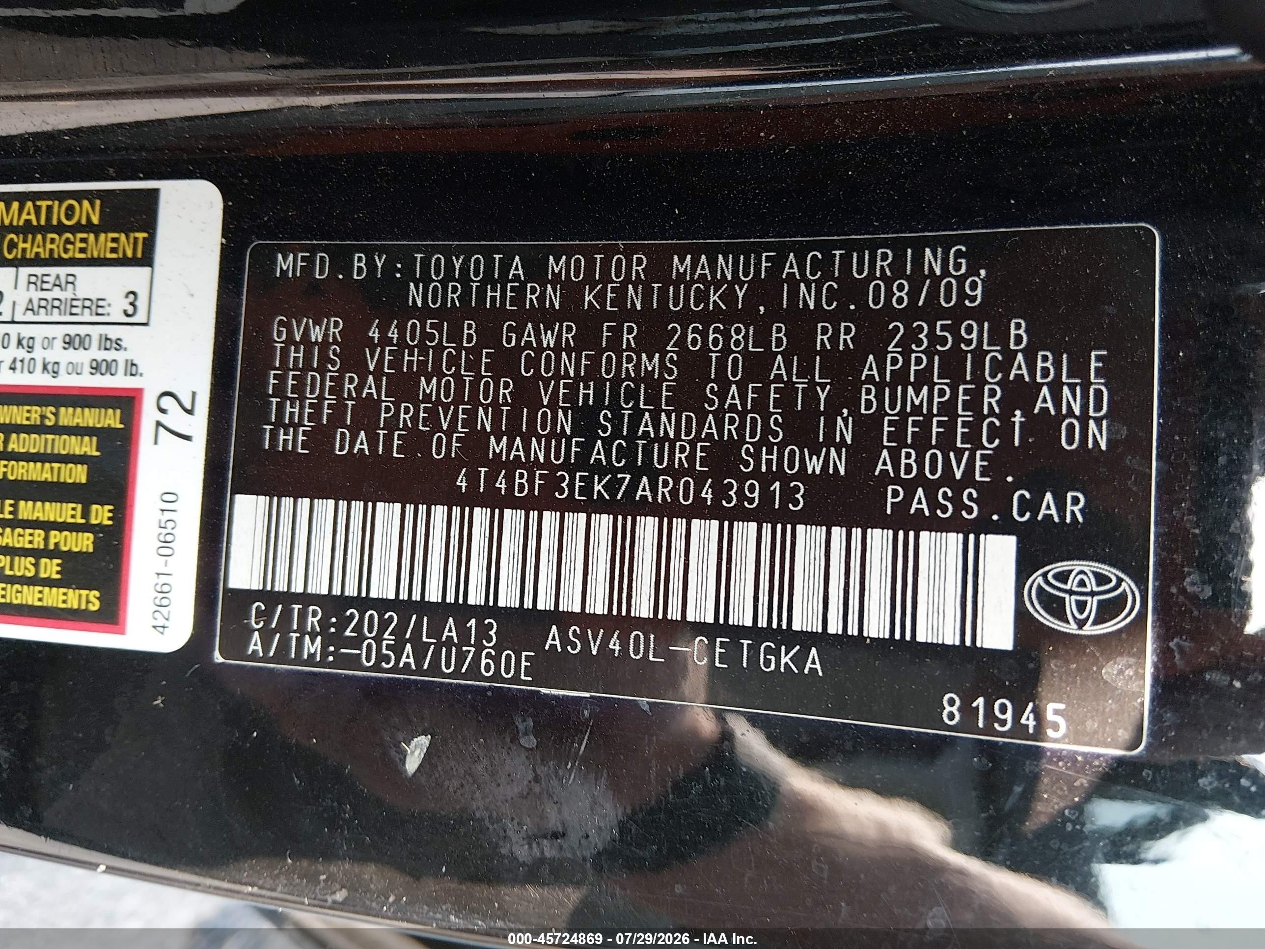 2010 Toyota Camry Xle Black vin: 4T4BF3EK7AR043913