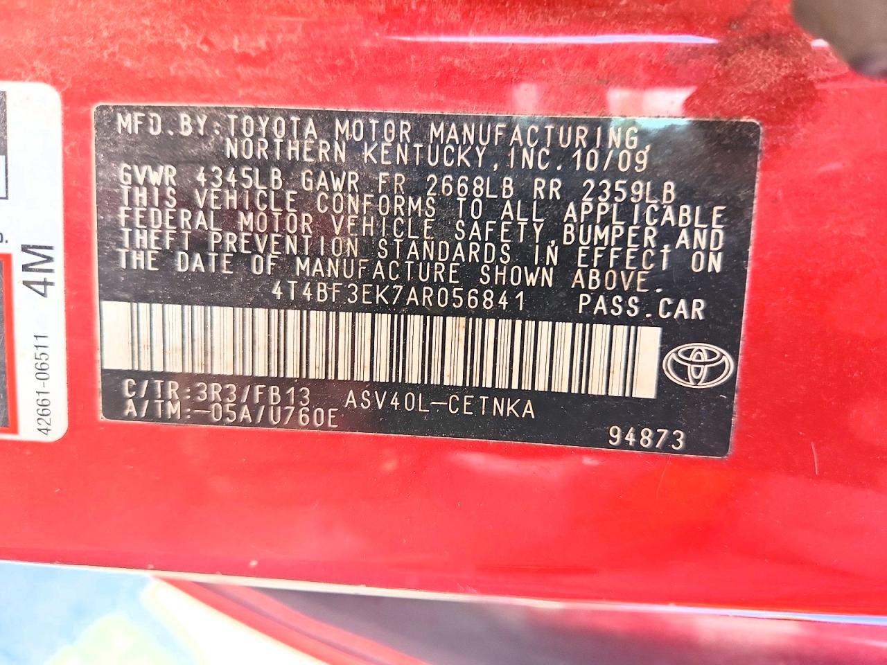 2010 Toyota Camry Le Red vin: 4T4BF3EK7AR056841