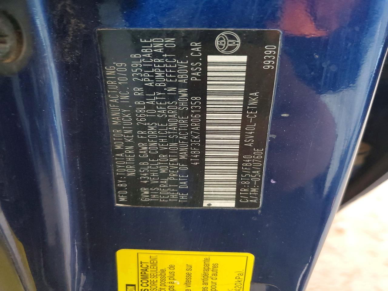 2010 Toyota Camry Le Blue vin: 4T4BF3EK7AR061358