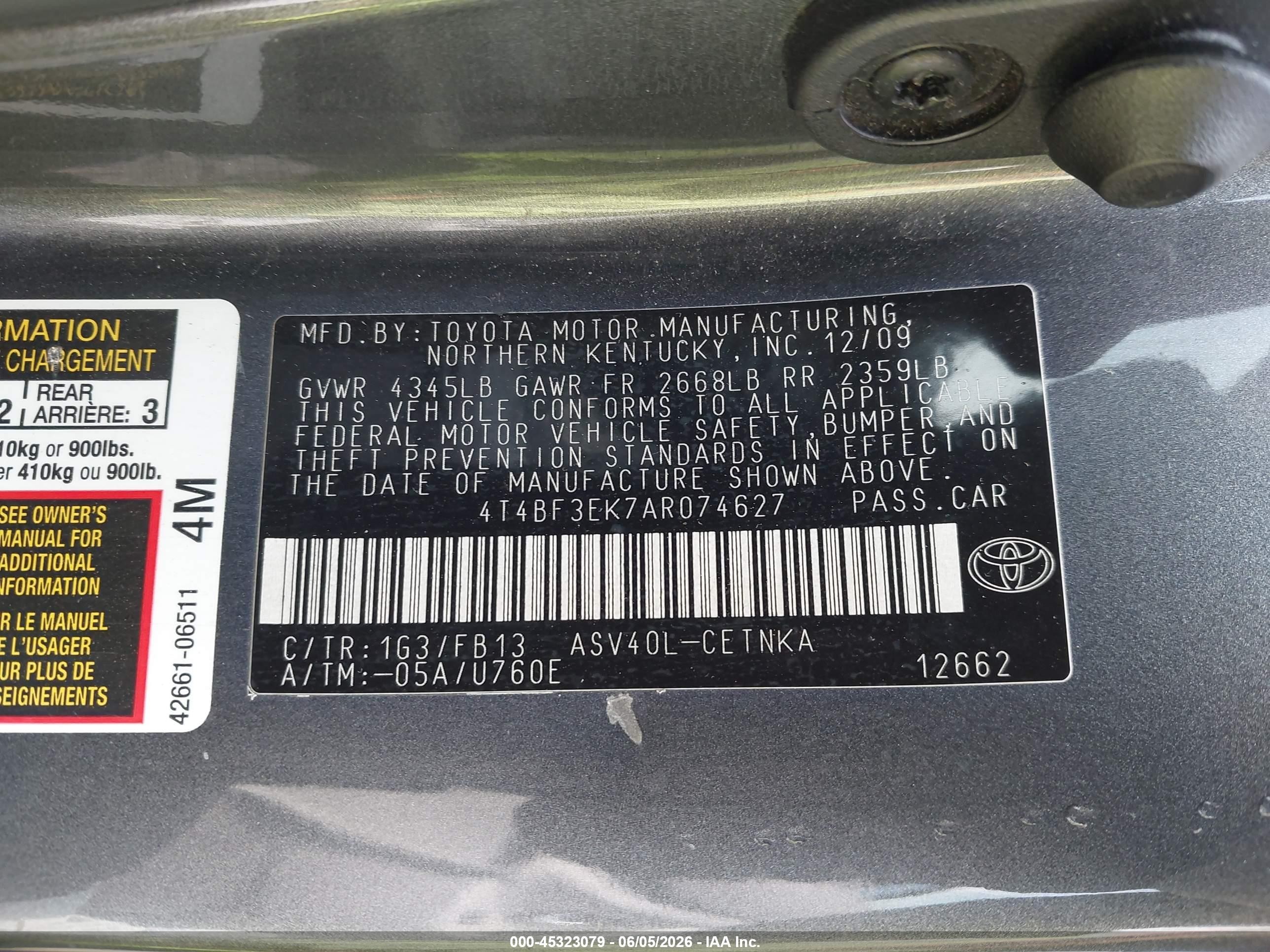 2010 Toyota Camry Le Gray vin: 4T4BF3EK7AR074627