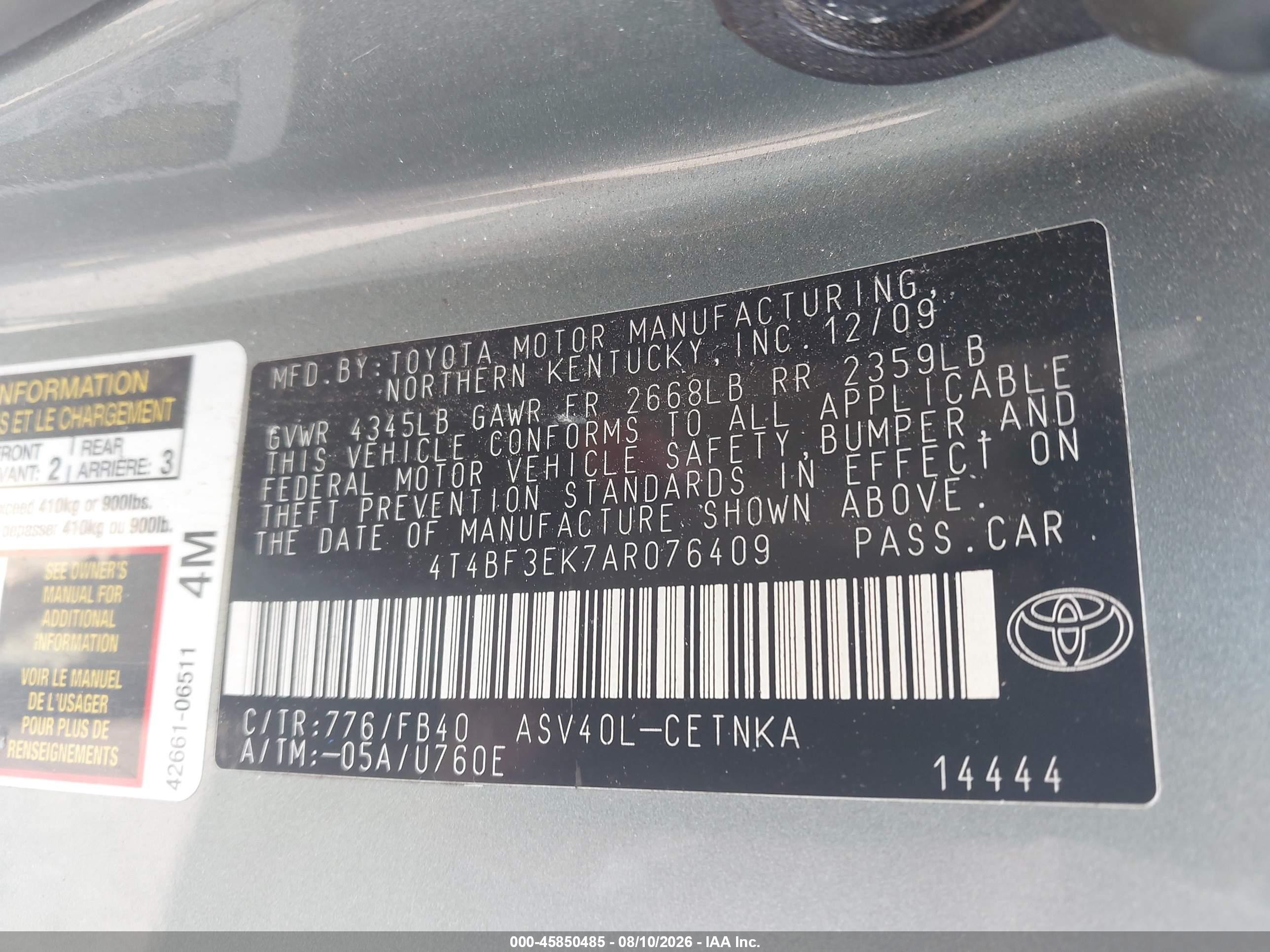2010 Toyota Camry Le Blue vin: 4T4BF3EK7AR076409