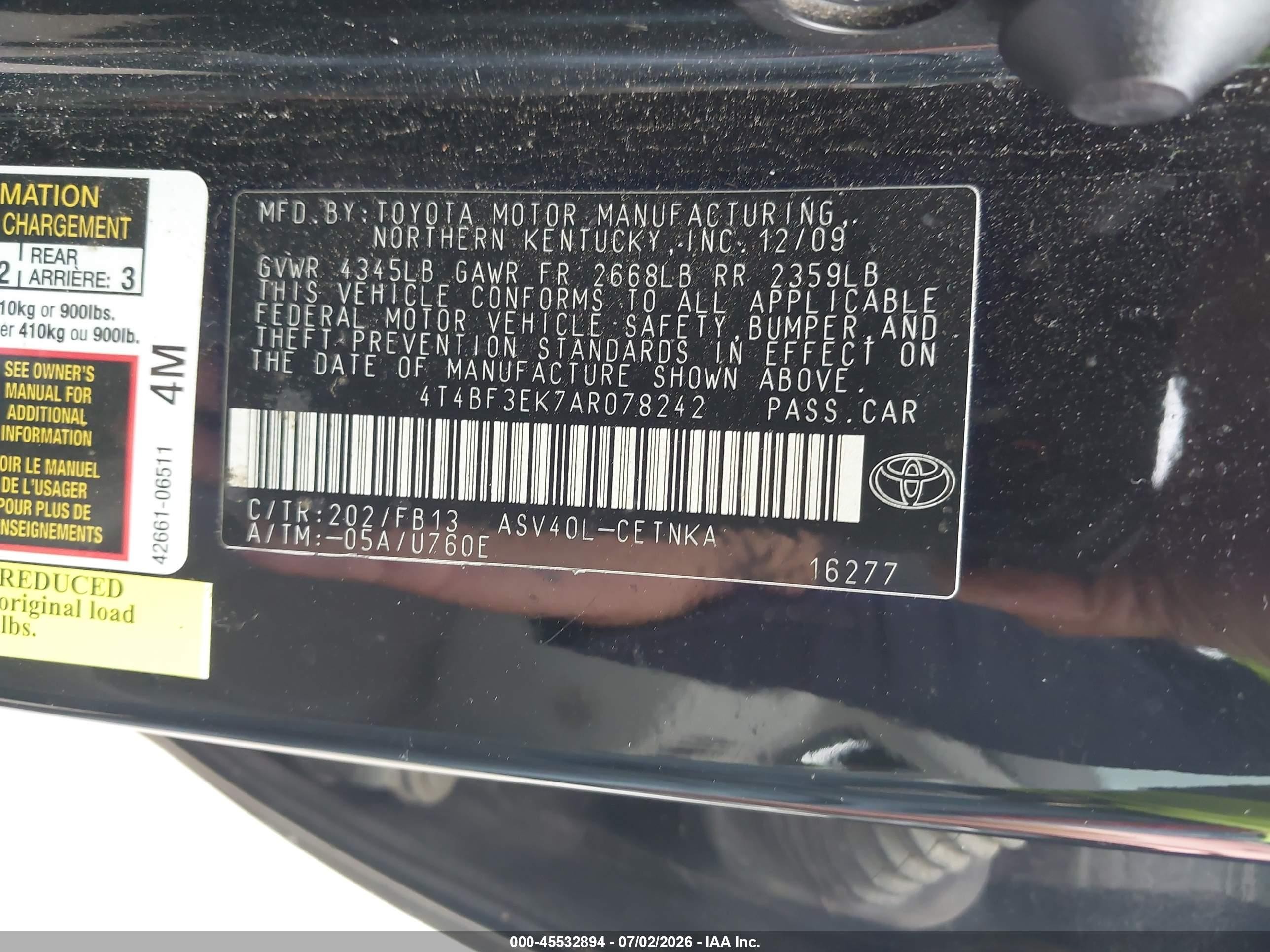 2010 Toyota Camry Le Black vin: 4T4BF3EK7AR078242