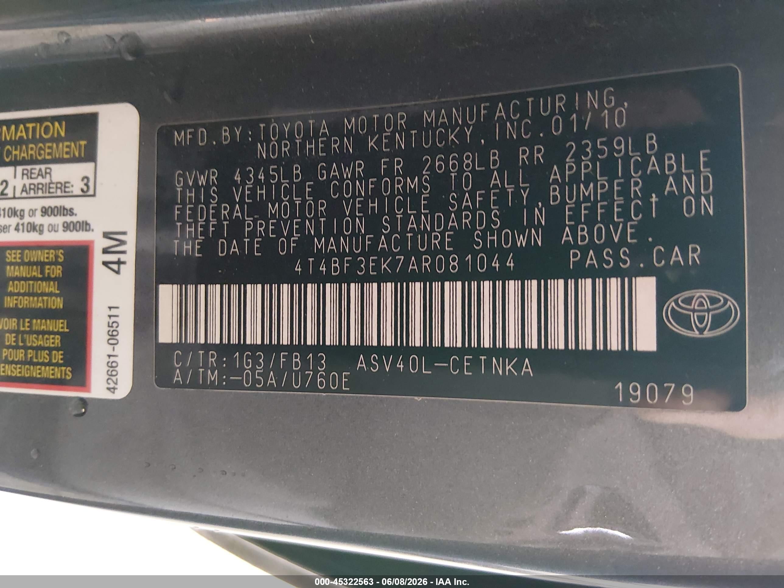 2010 Toyota Camry Le Gray vin: 4T4BF3EK7AR081044
