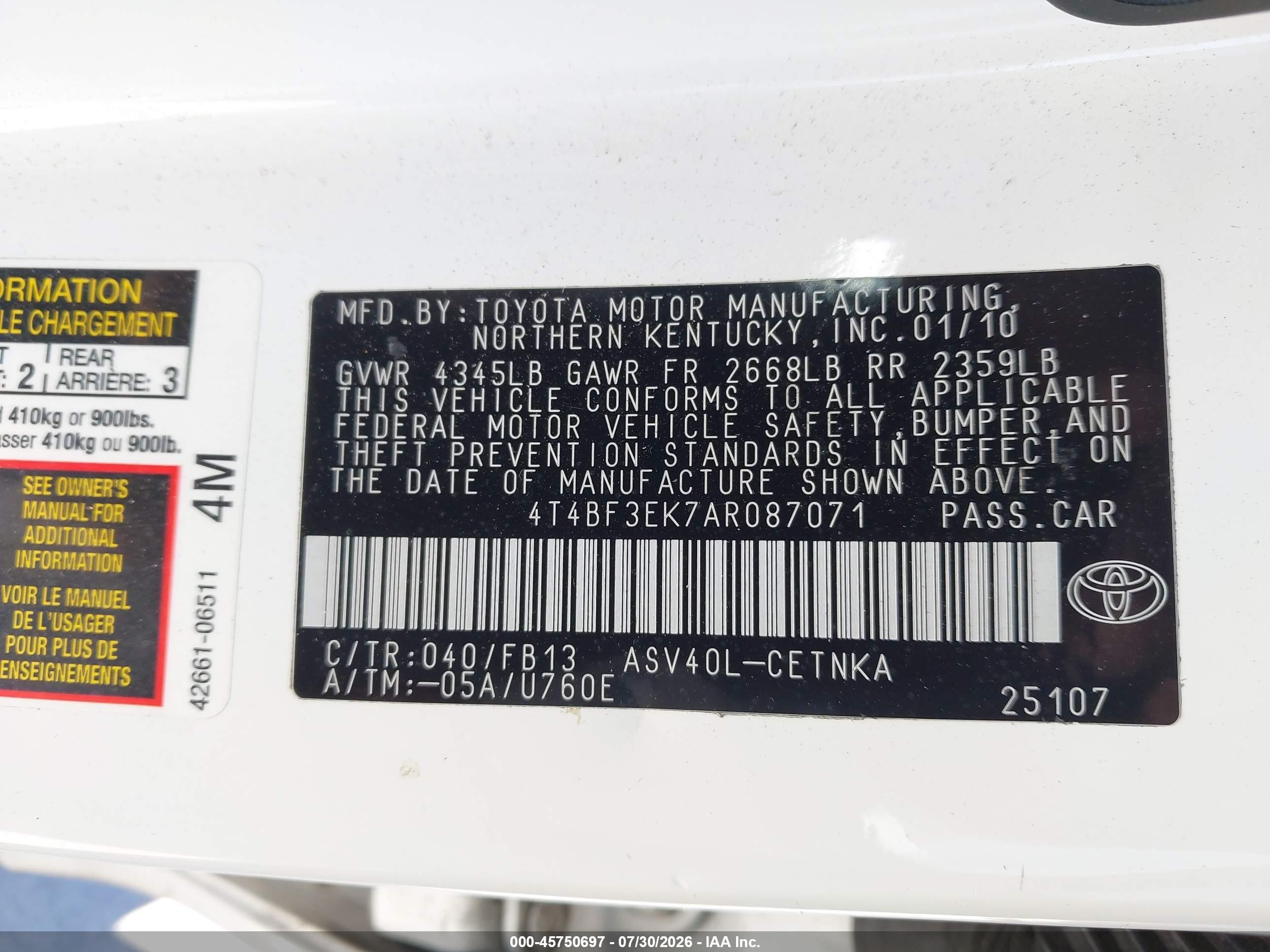 2010 Toyota Camry Le White vin: 4T4BF3EK7AR087071