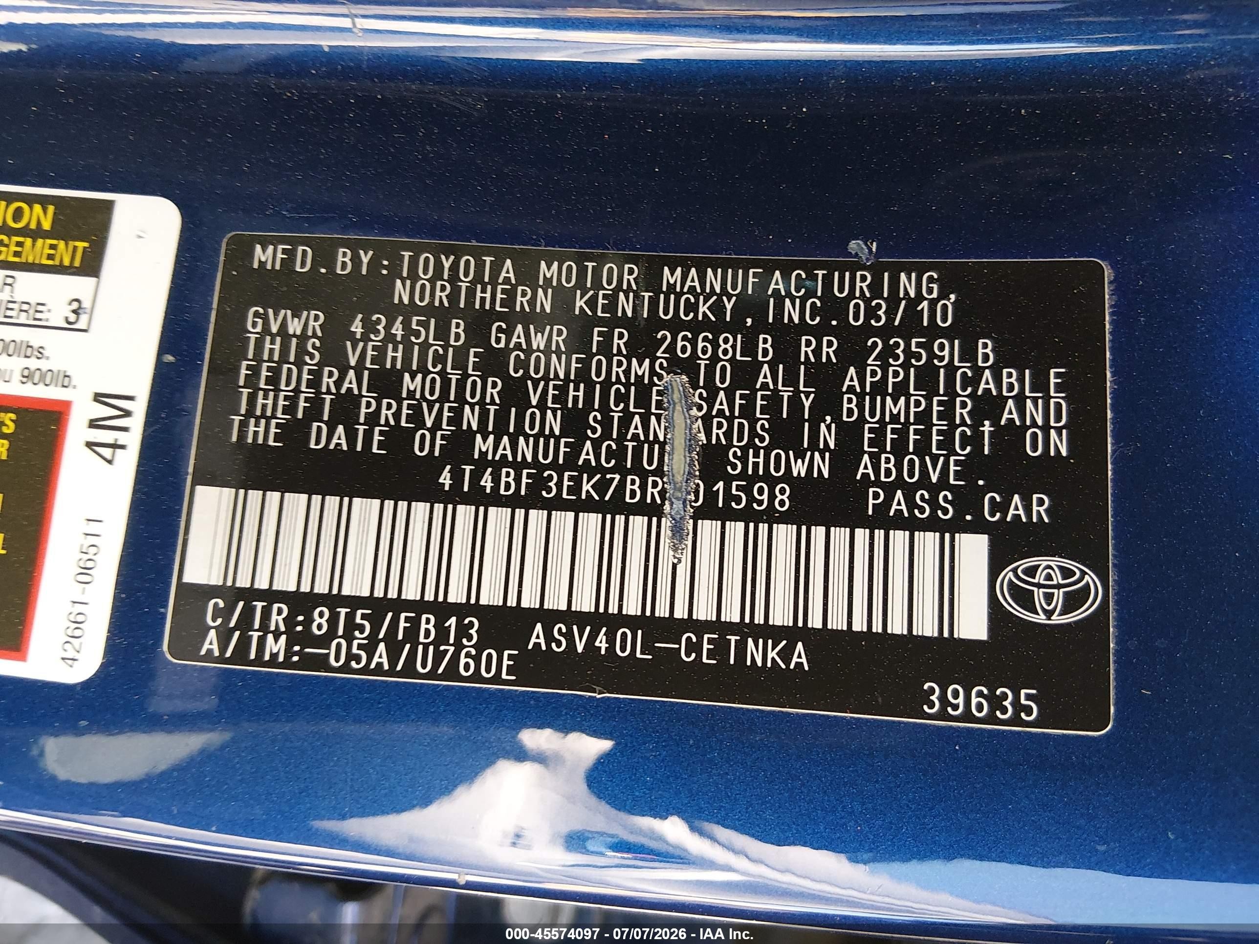 2011 Toyota Camry Le Blue vin: 4T4BF3EK7BR101598