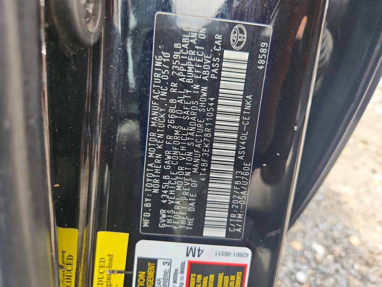 2011 Toyota Camry Base Black vin: 4T4BF3EK7BR110544