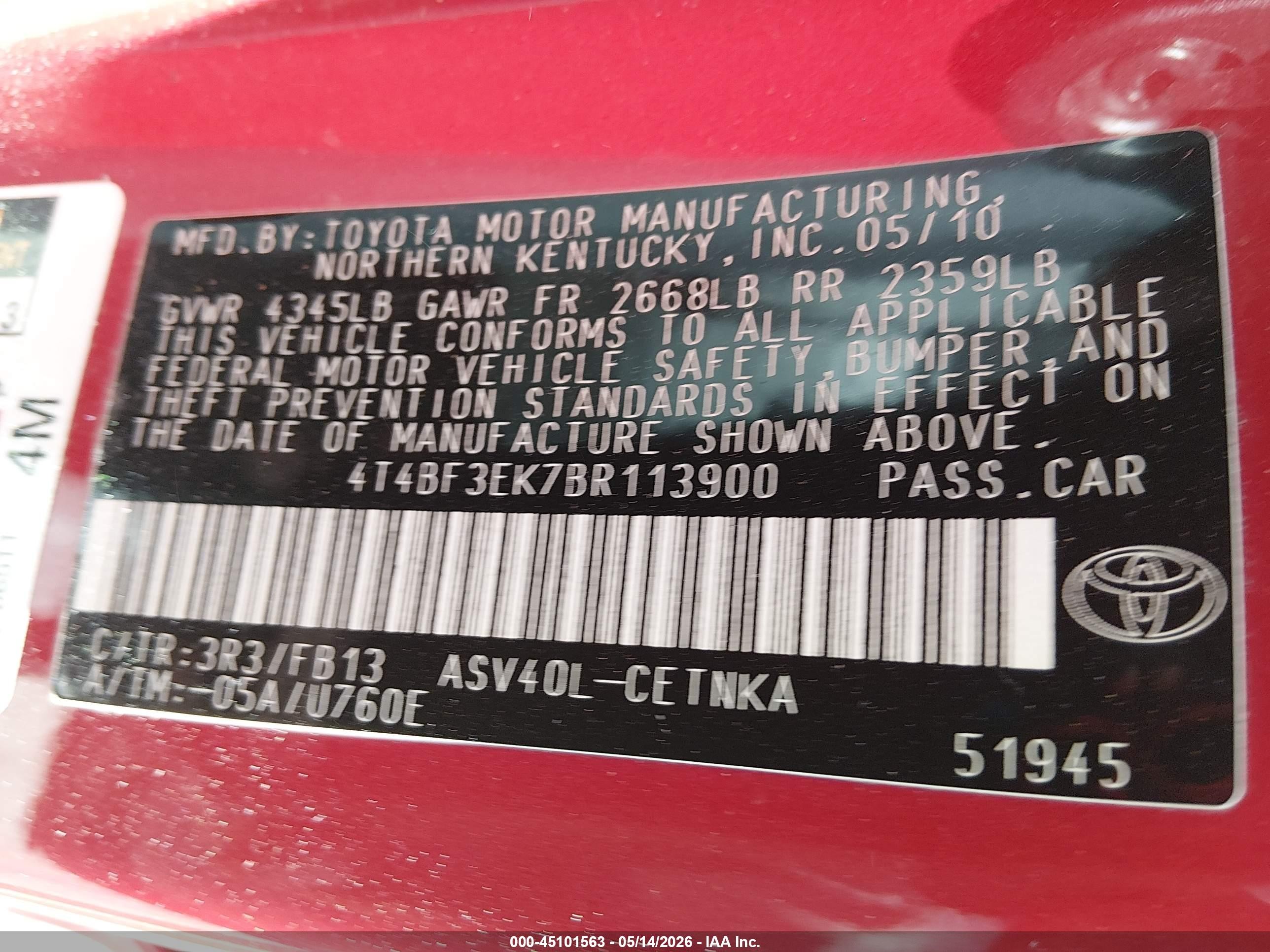2011 Toyota Camry Le Red vin: 4T4BF3EK7BR113900