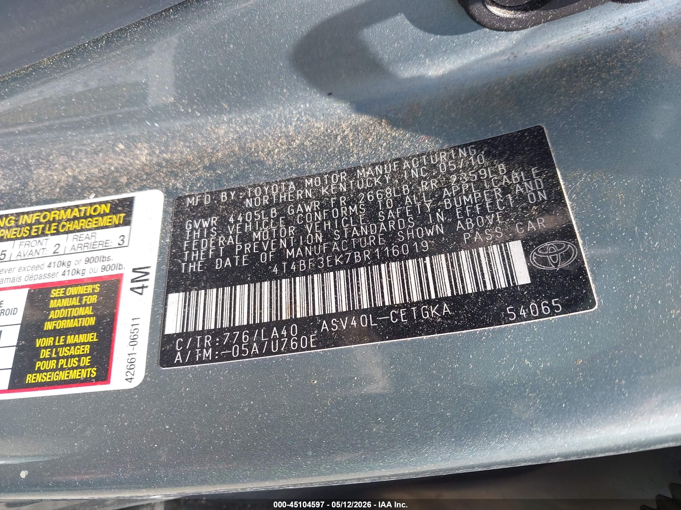 2011 Toyota Camry Xle Green vin: 4T4BF3EK7BR116019