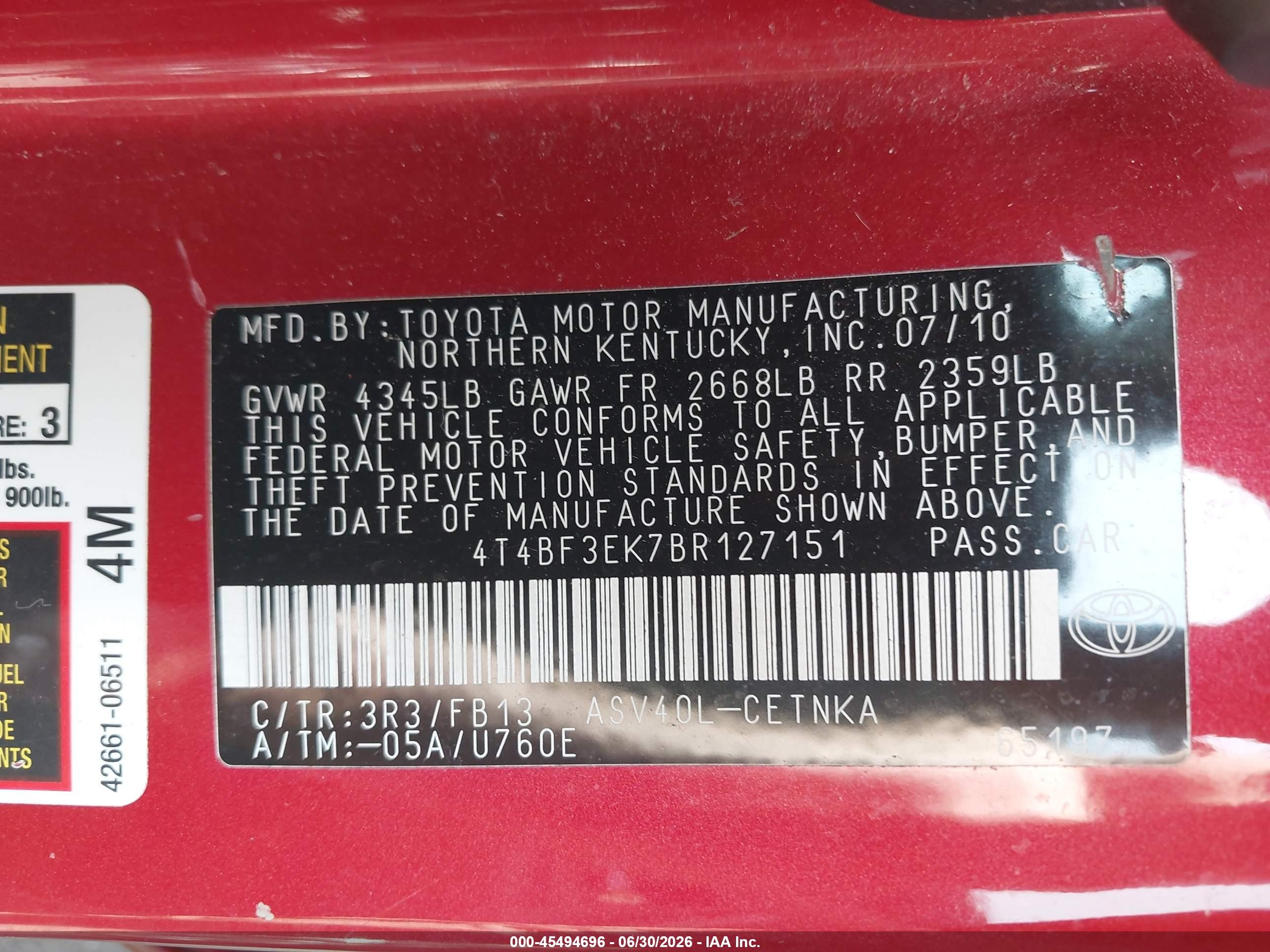 2011 Toyota Camry Le Red vin: 4T4BF3EK7BR127151
