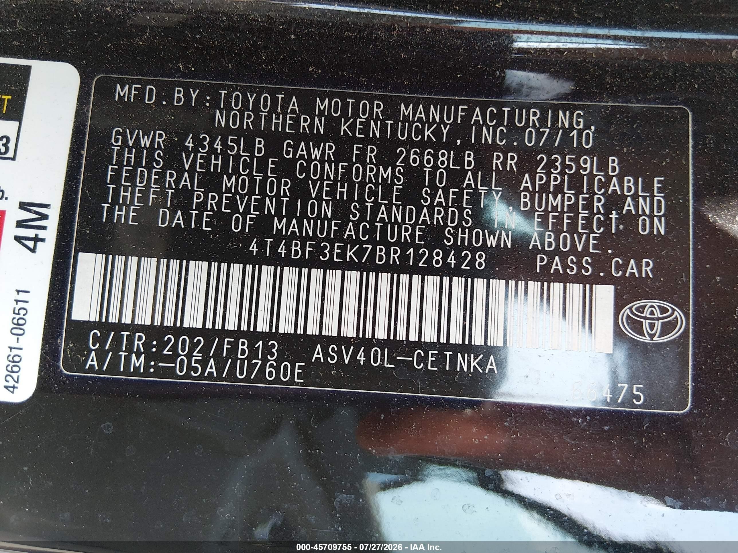 2011 Toyota Camry Le Black vin: 4T4BF3EK7BR128428