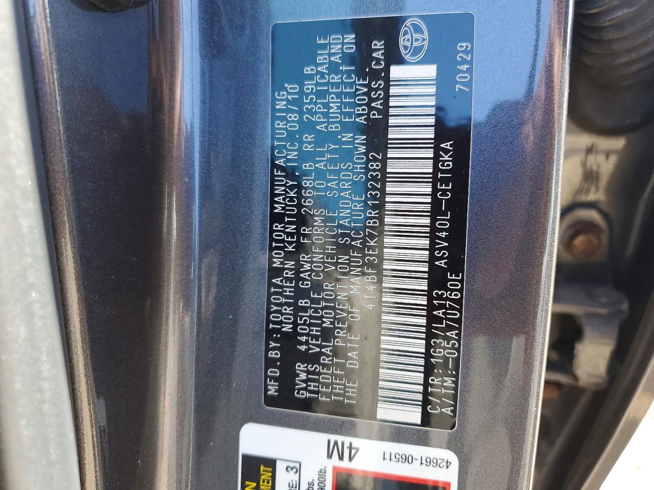 2011 Toyota Camry Xle Gray vin: 4T4BF3EK7BR132382