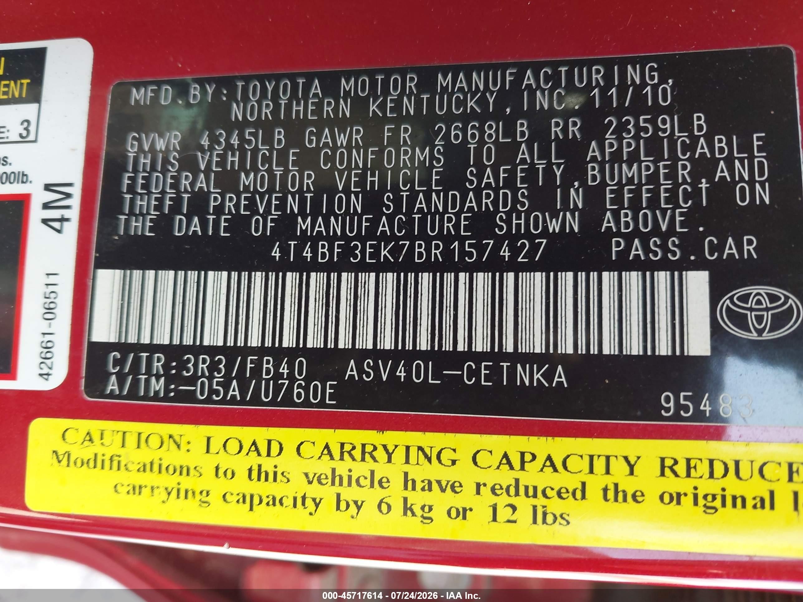 2011 Toyota Camry Le Red vin: 4T4BF3EK7BR157427