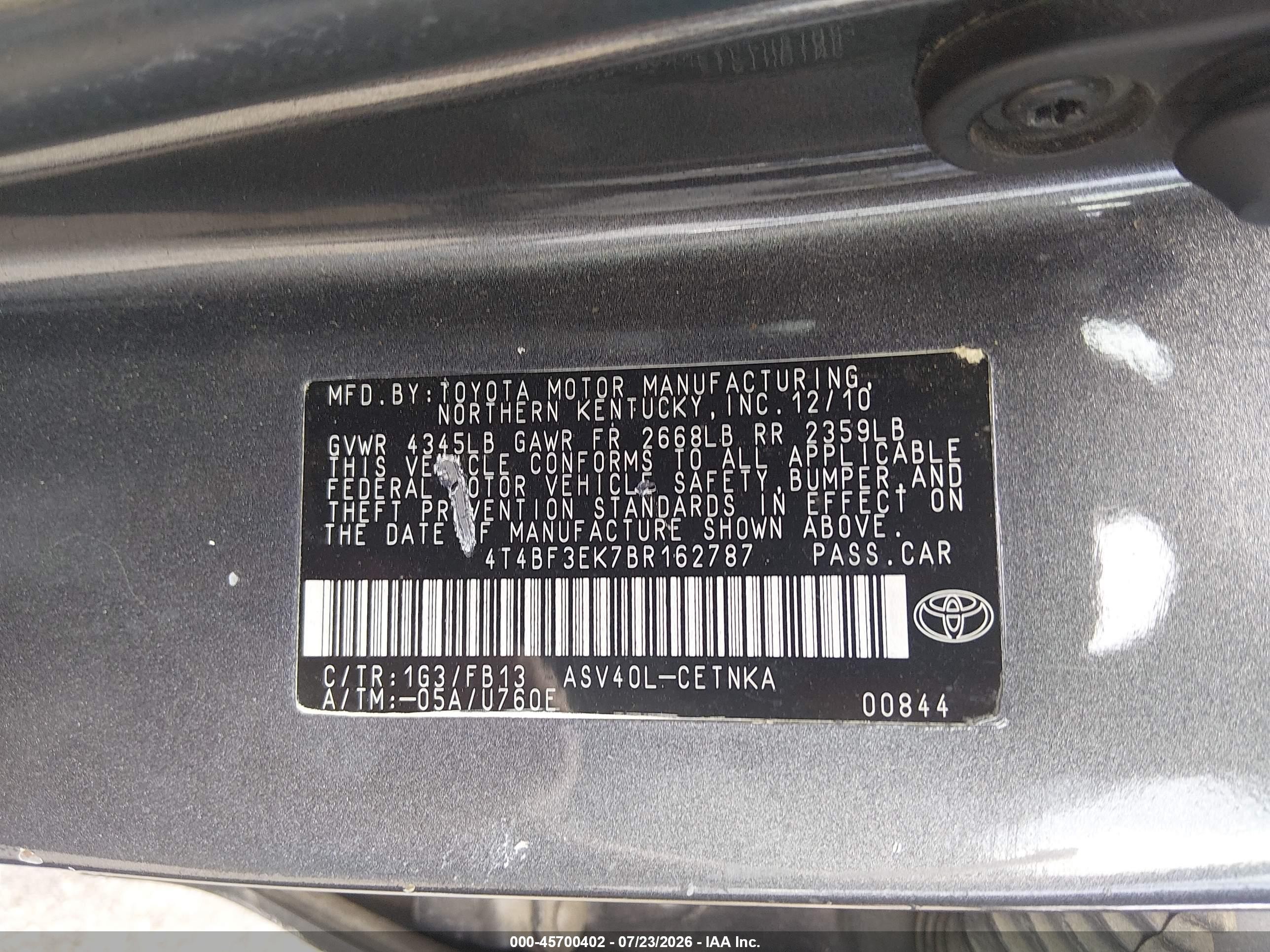 2011 Toyota Camry Le Gray vin: 4T4BF3EK7BR162787