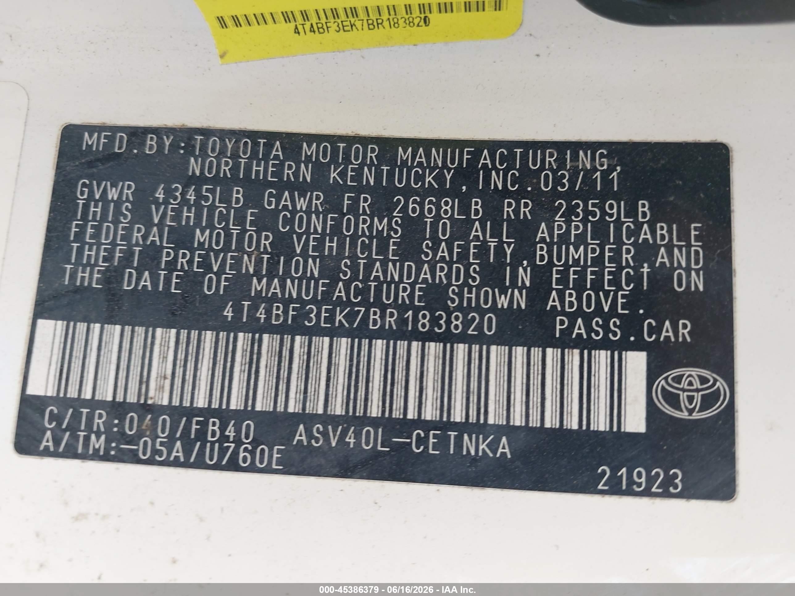 2011 Toyota Camry Le Белый vin: 4T4BF3EK7BR183820