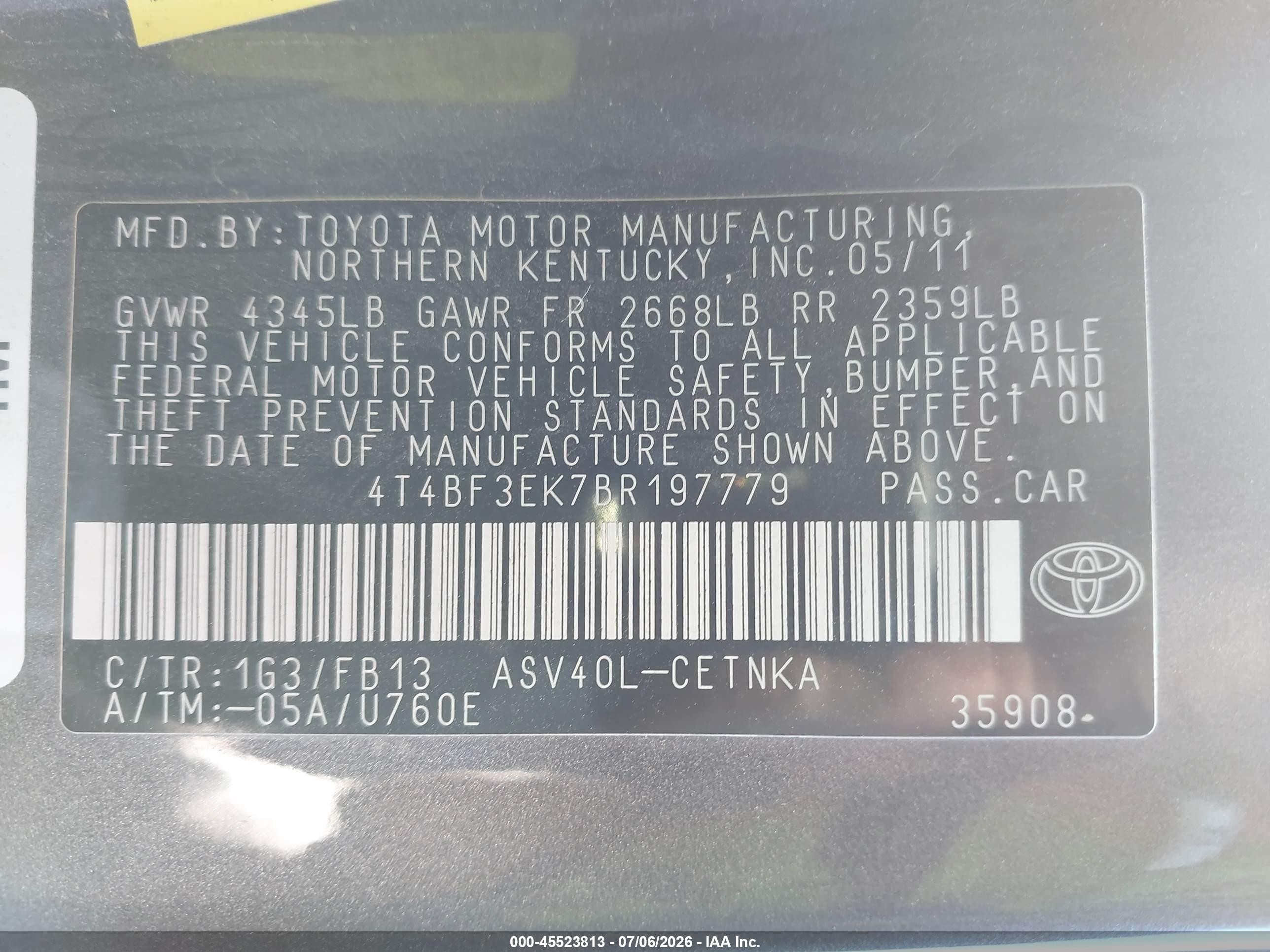 2011 Toyota Camry Le Gray vin: 4T4BF3EK7BR197779