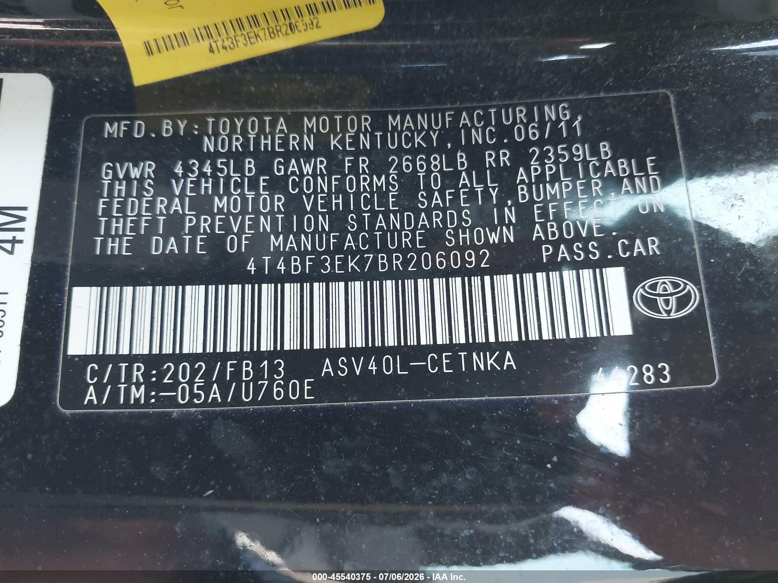 2011 Toyota Camry Le Black vin: 4T4BF3EK7BR206092