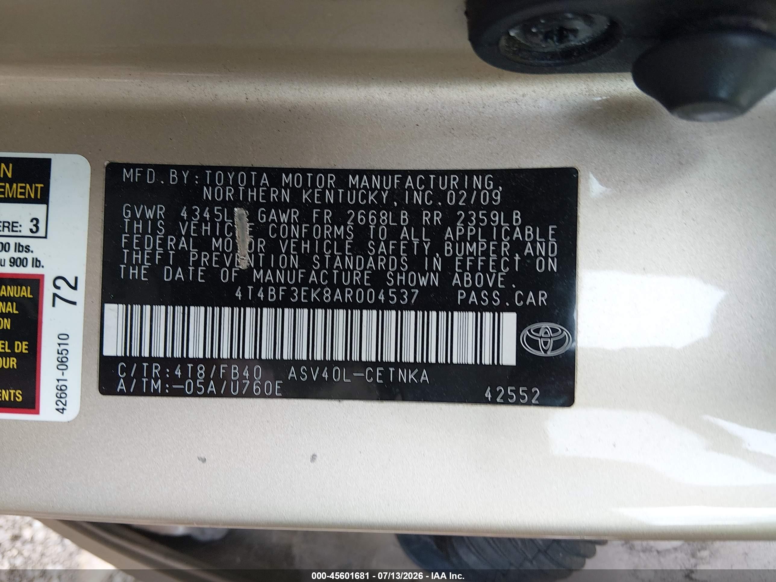 2010 Toyota Camry Le Gold vin: 4T4BF3EK8AR004537