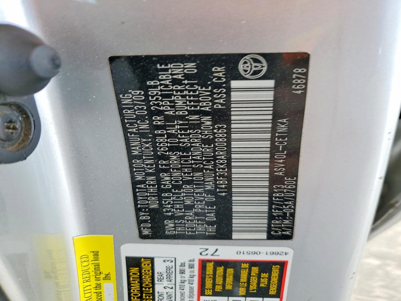2010 Toyota Camry Le Silver vin: 4T4BF3EK8AR008863