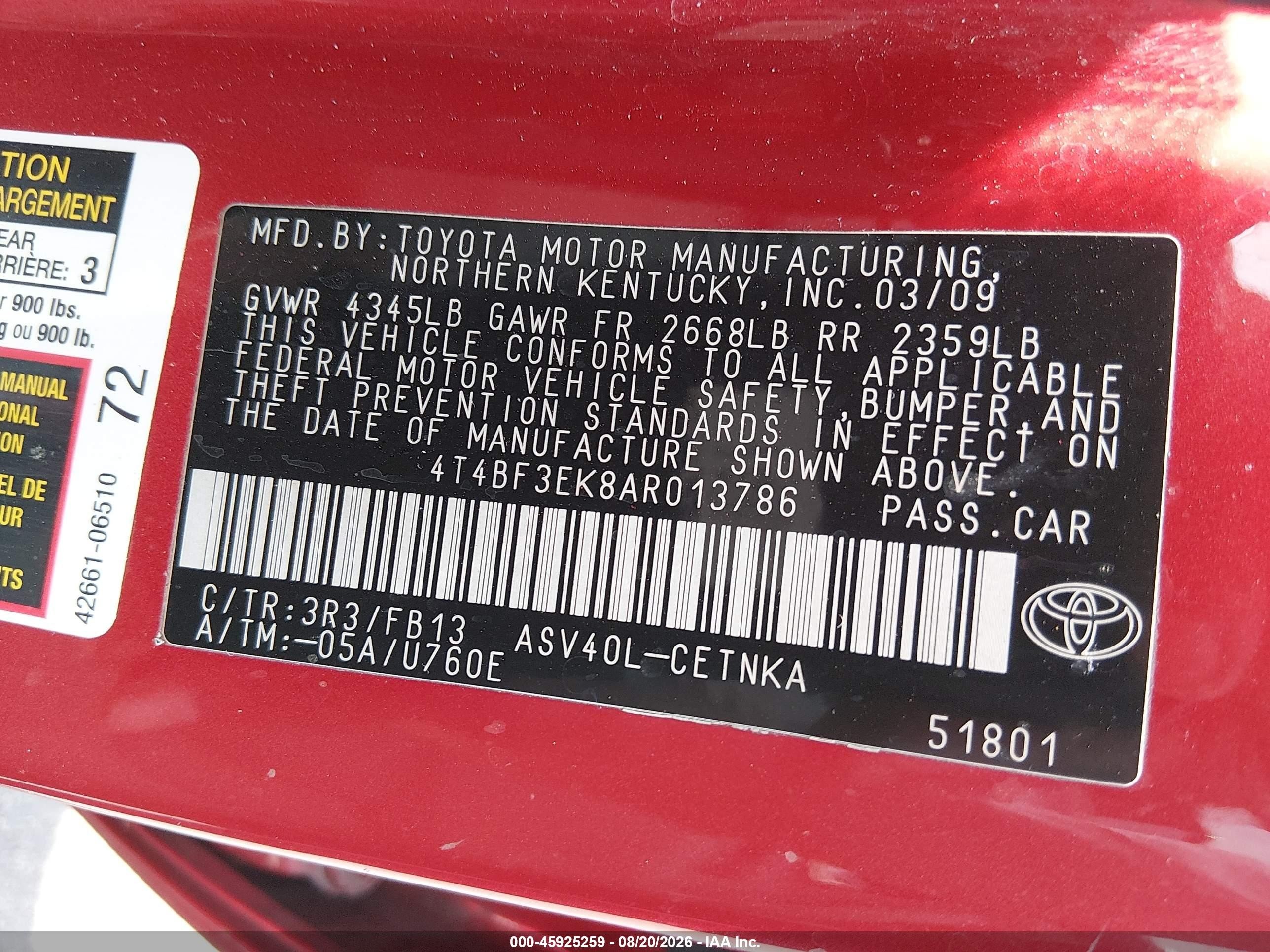 2010 Toyota Camry Le Red vin: 4T4BF3EK8AR013786