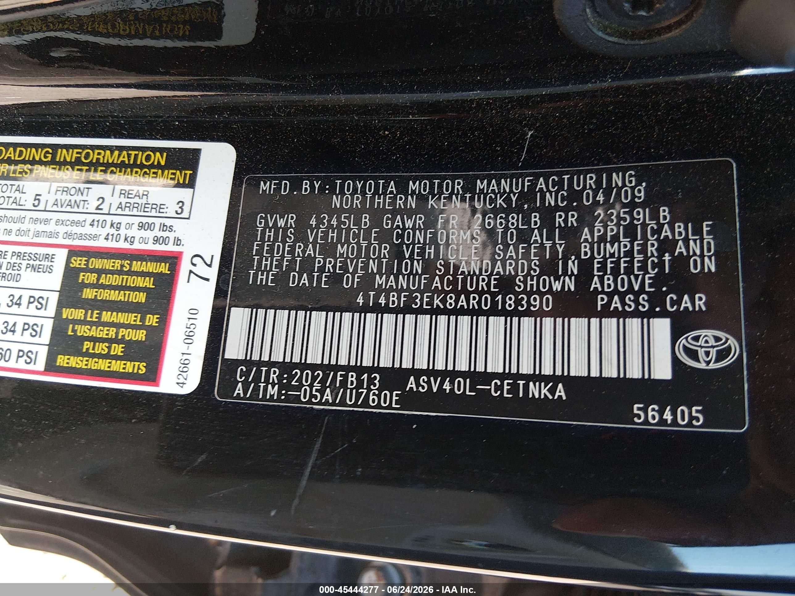 2010 Toyota Camry Le Black vin: 4T4BF3EK8AR018390