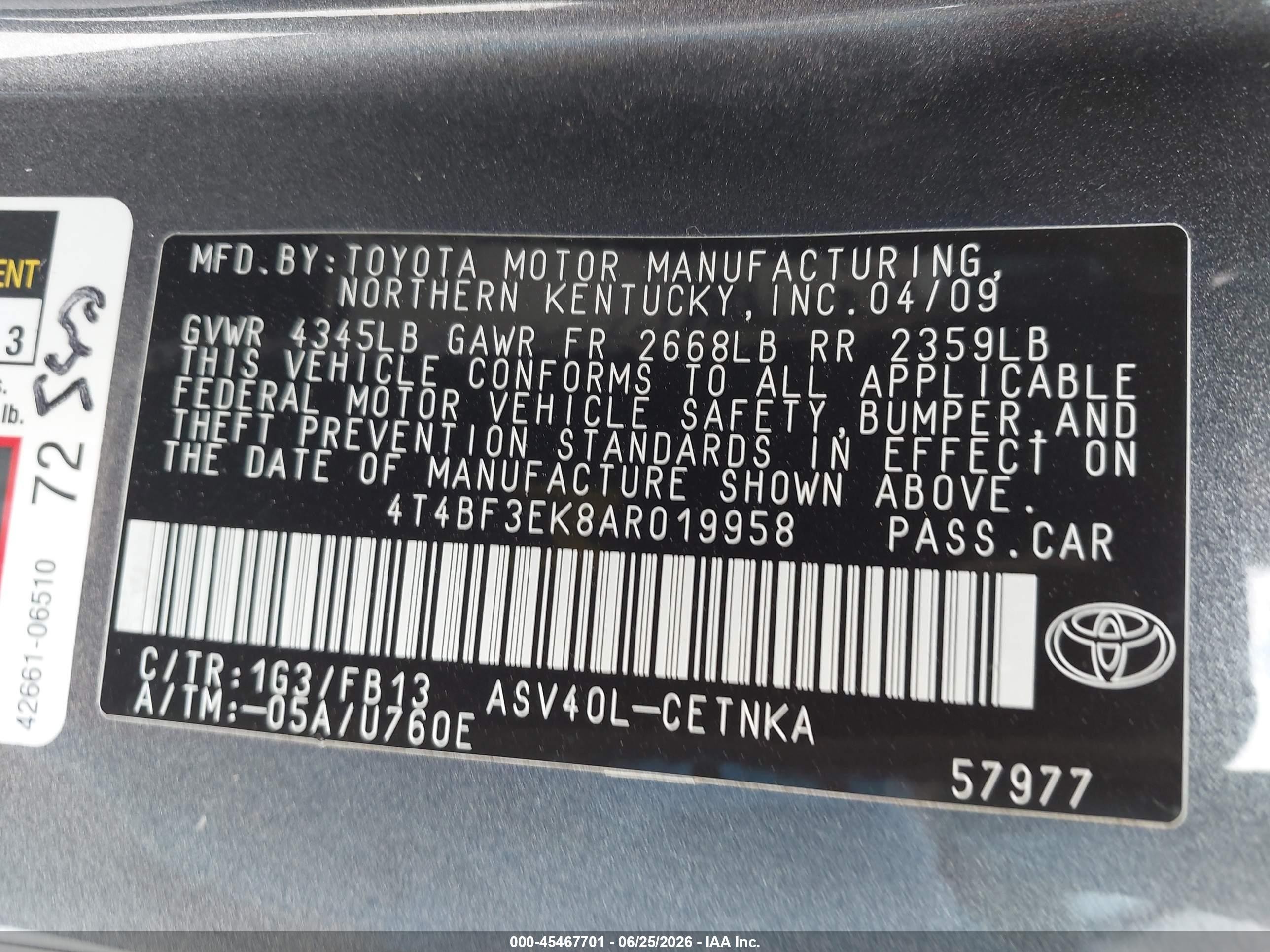 2010 Toyota Camry Le Gray vin: 4T4BF3EK8AR019958