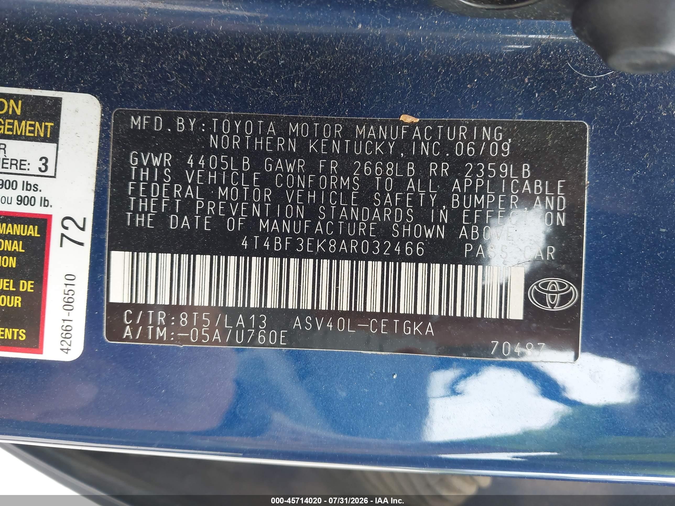 2010 Toyota Camry Xle Dark Blue vin: 4T4BF3EK8AR032466